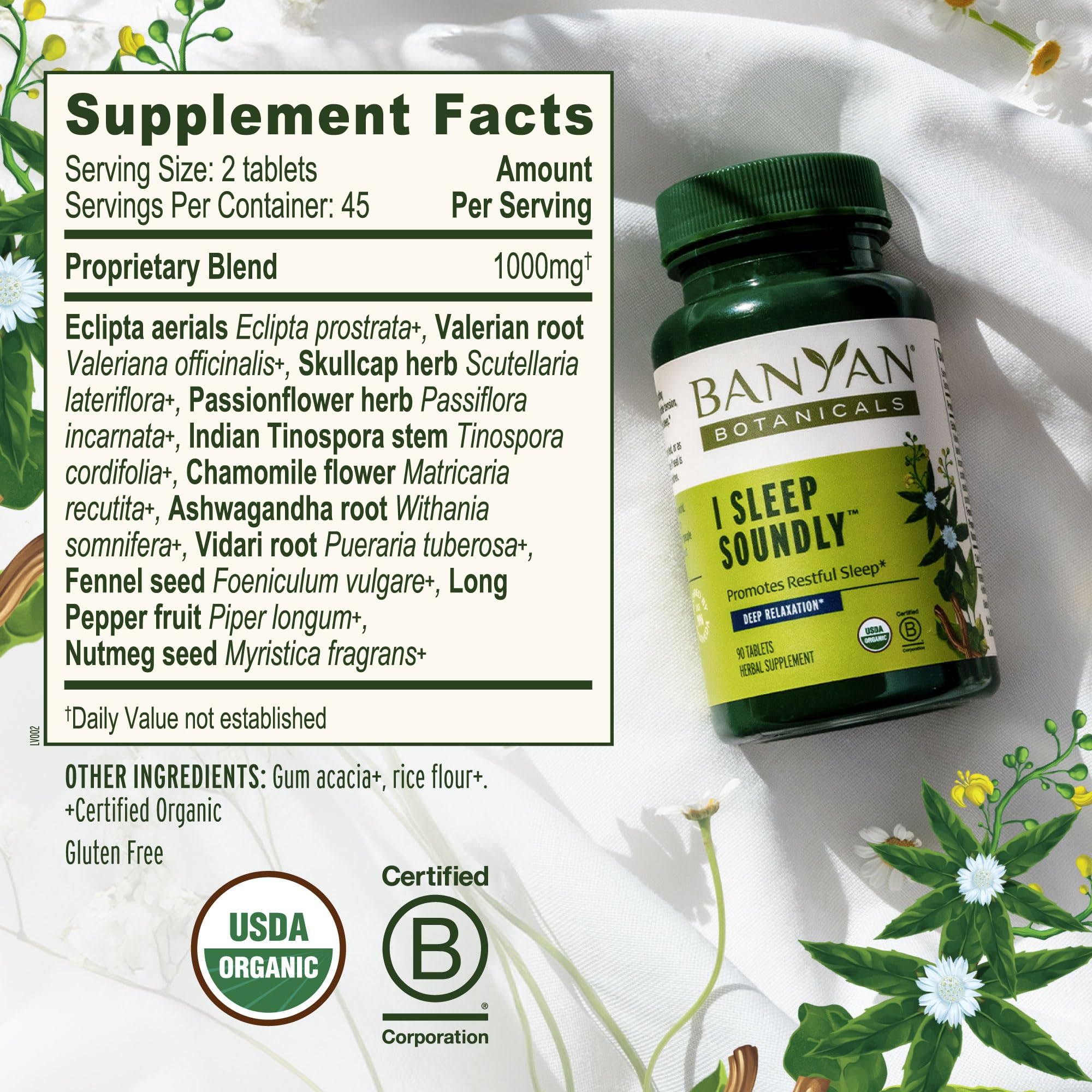Banyan Botanicals ingredientes secos: valeriana, ashwagandha y manzanilla visualizados