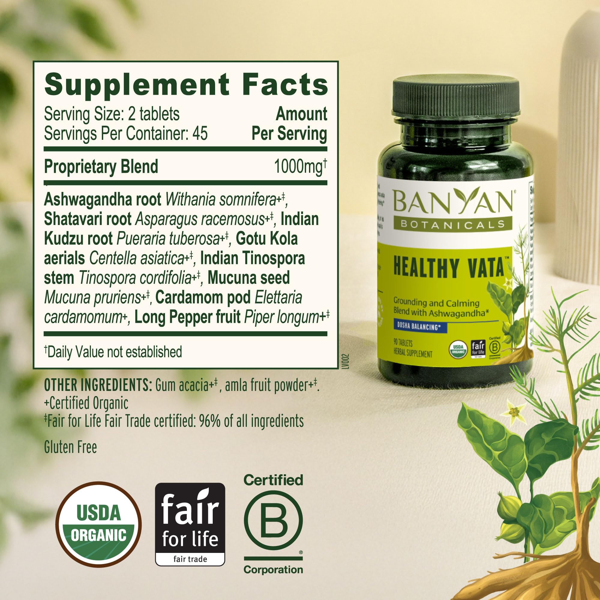 Banyan Botanicals ingredientes secos (ashwagandha, shatavari) mostrando origen natural