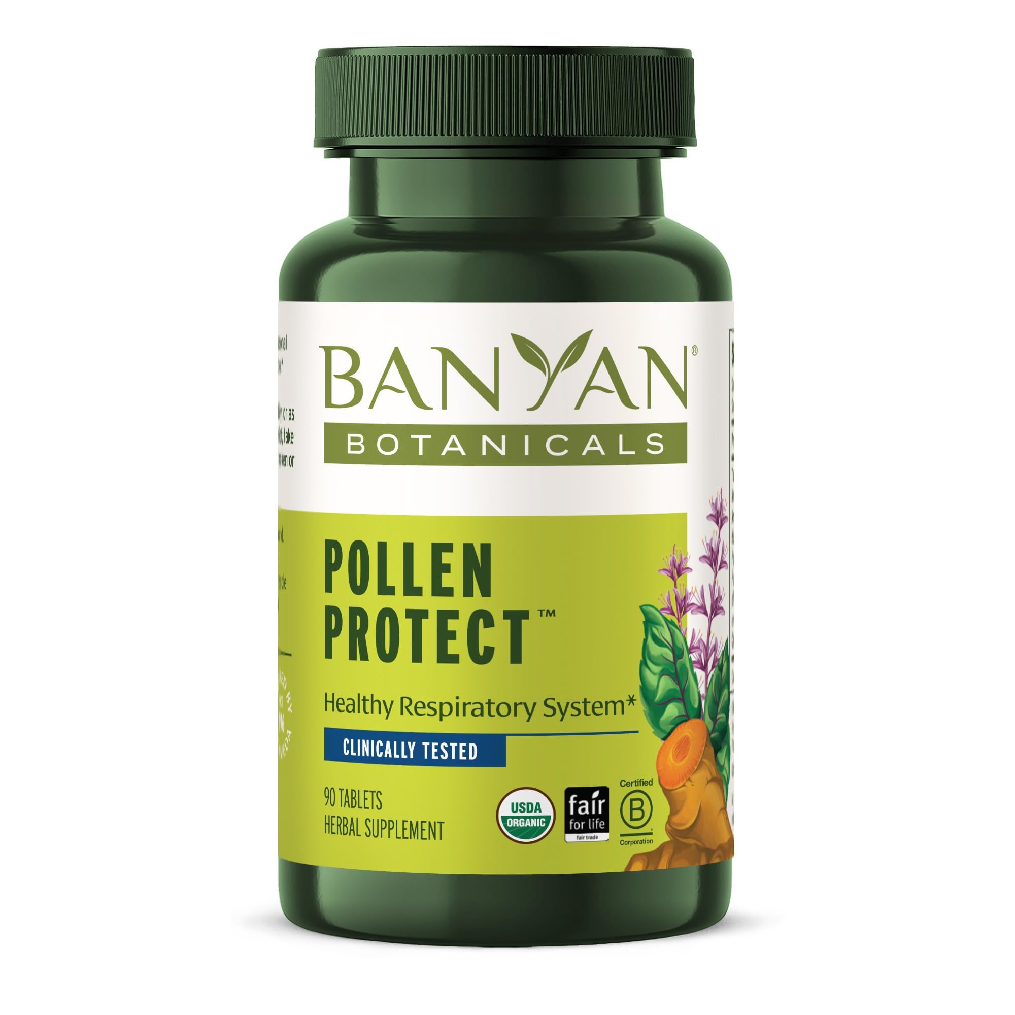 Banyan Botanicals vista frontal del envase mostrando la marca y beneficio respiratorio