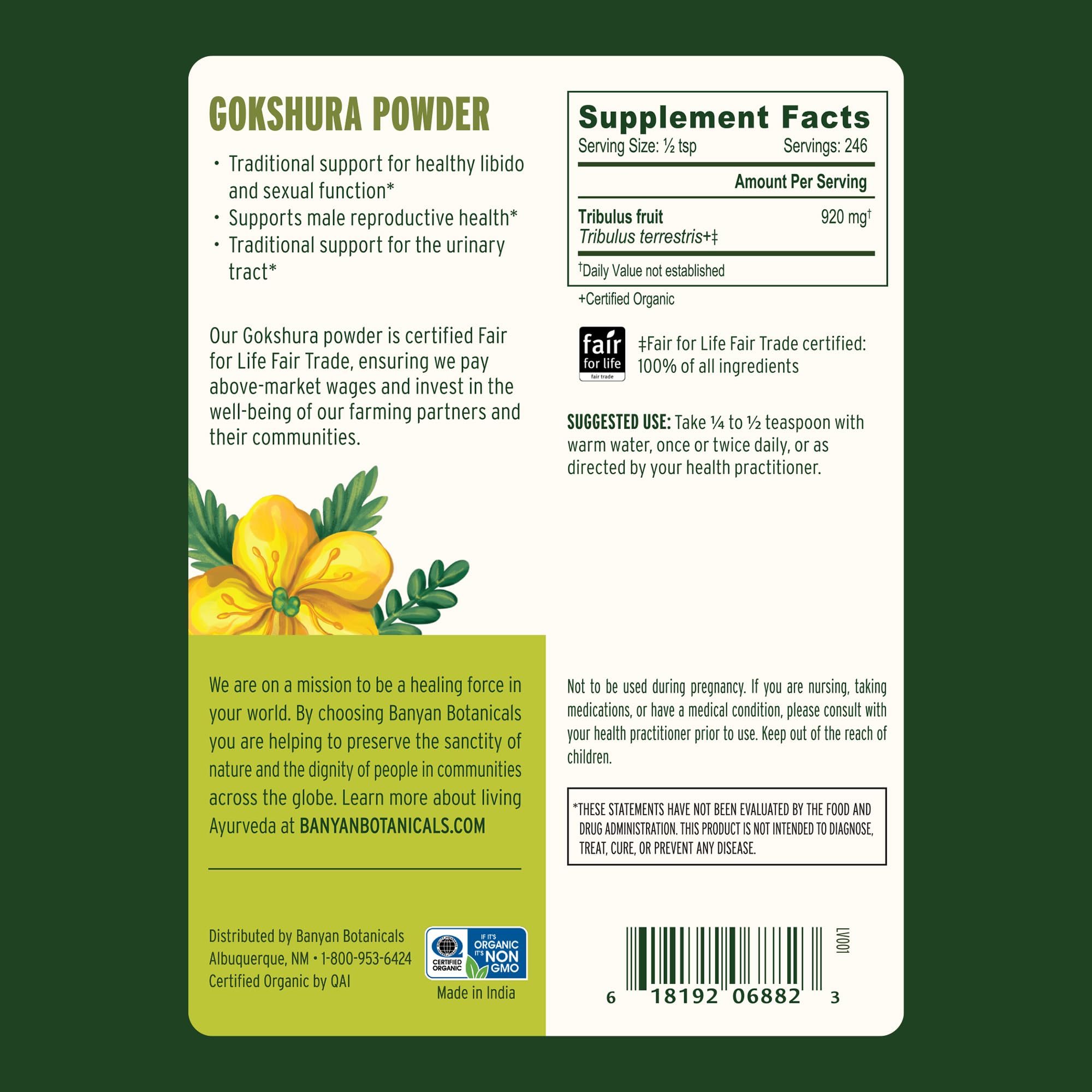 Banyan Botanicals polvo de Gokshura mezclado en taza para consumo inmediato