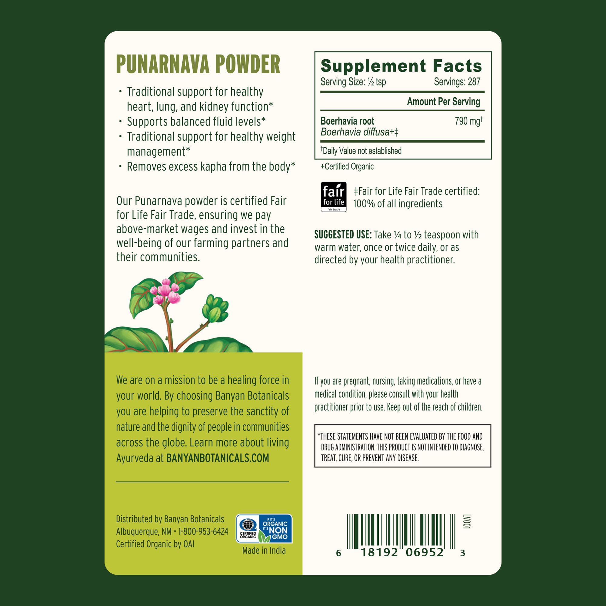 Banyan Botanicals raíz y polvo de Punarnava mostrando origen botánico auténtico