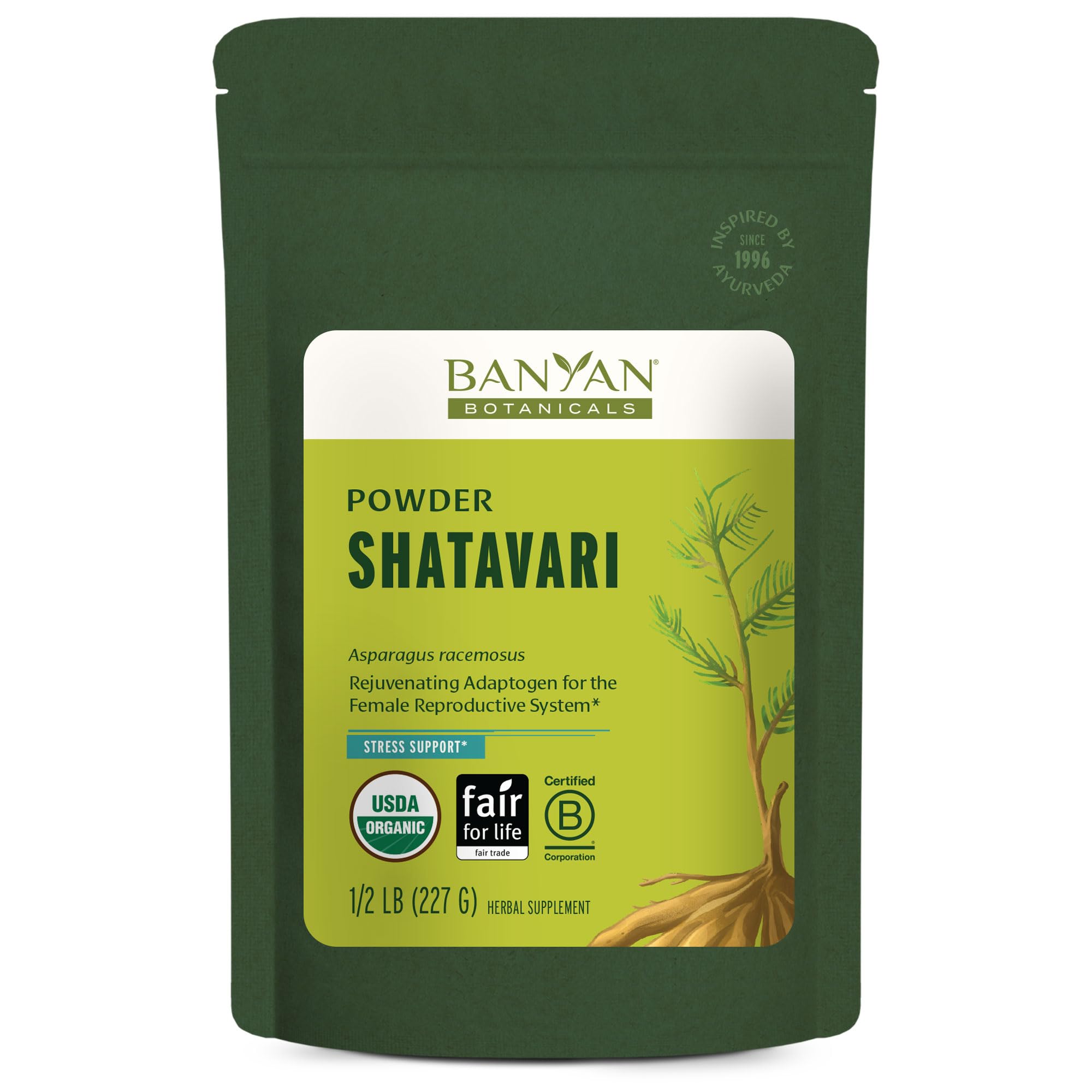 Banyan Botanicals envase frontal mostrando el polvo orgánico y confianza