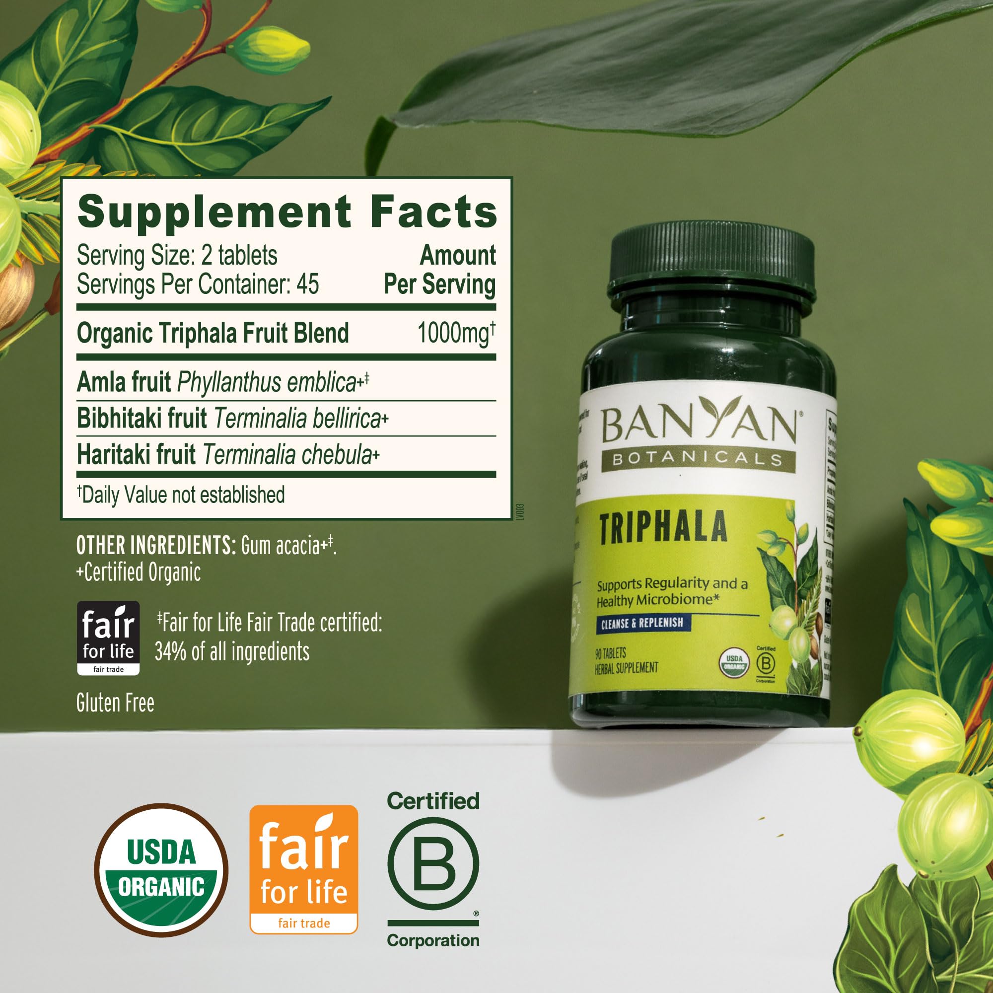 Banyan Botanicals tabletas en mano comparando tamaño y dosis práctica