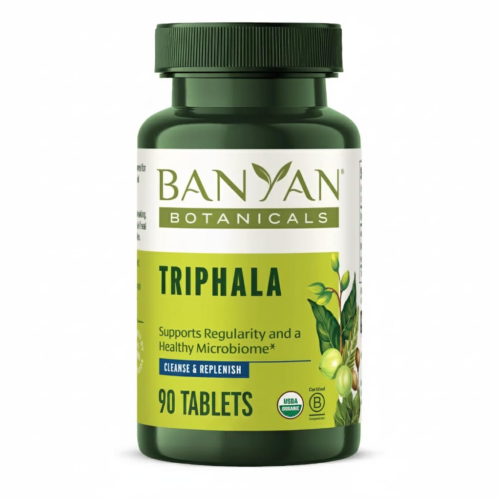 Banyan Botanicals empaque frontal mostrando tabletas orgánicas y conveniencia