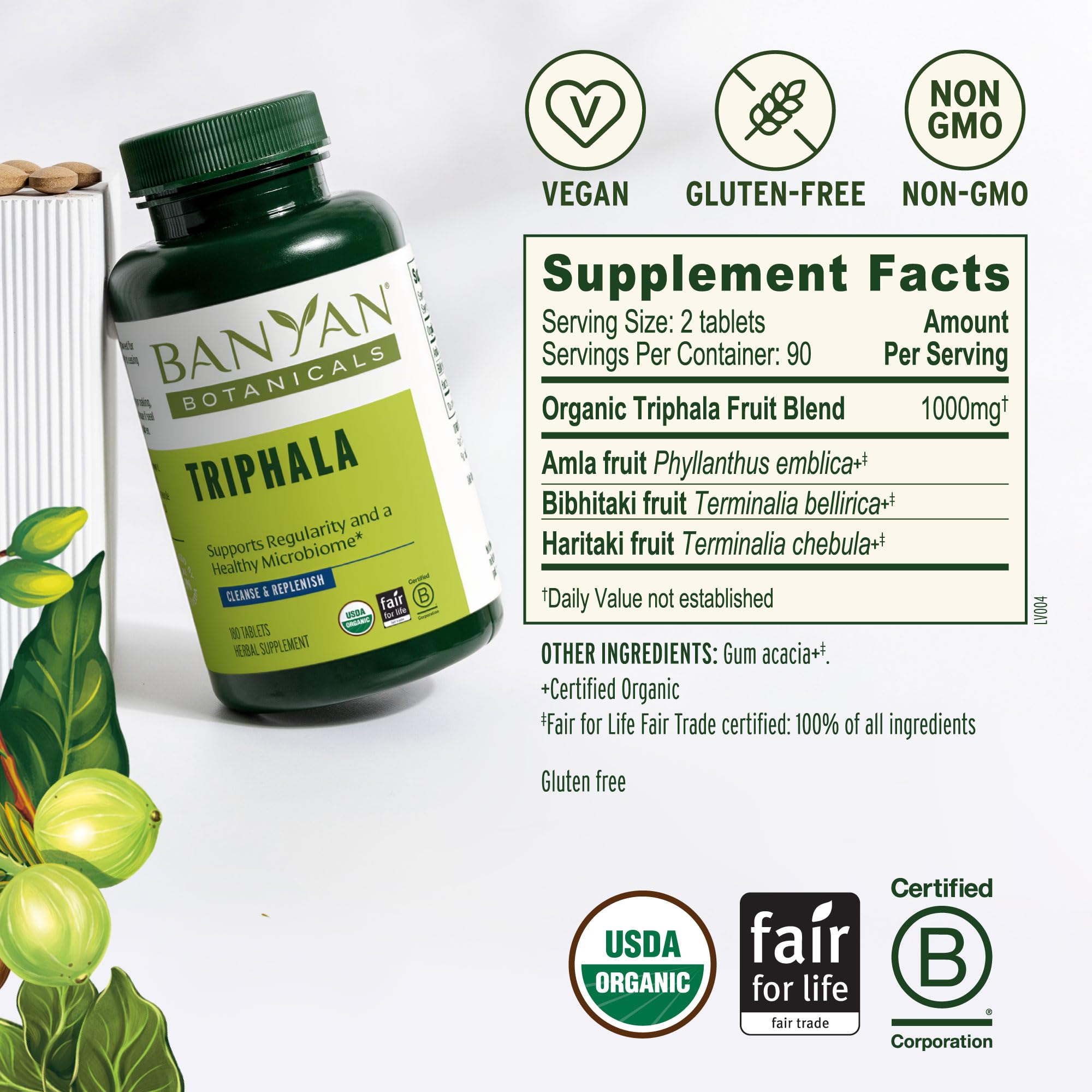 Banyan Botanicals polvo de Triphala mostrando color y origen orgánico