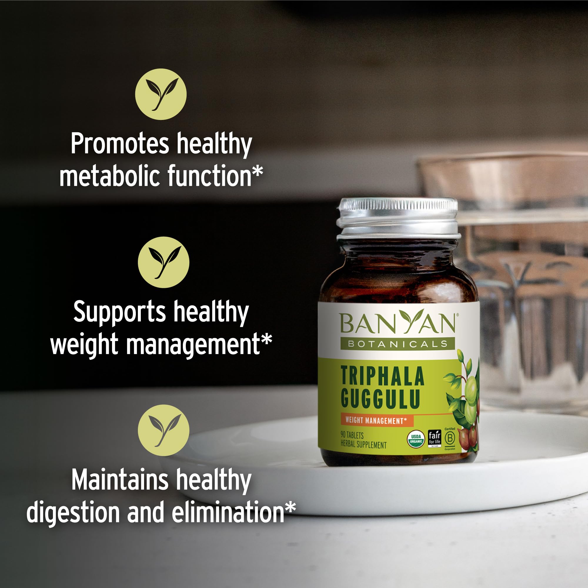 Banyan Botanicals tabletas cerca para ver tamaño y forma facilitando dosaje
