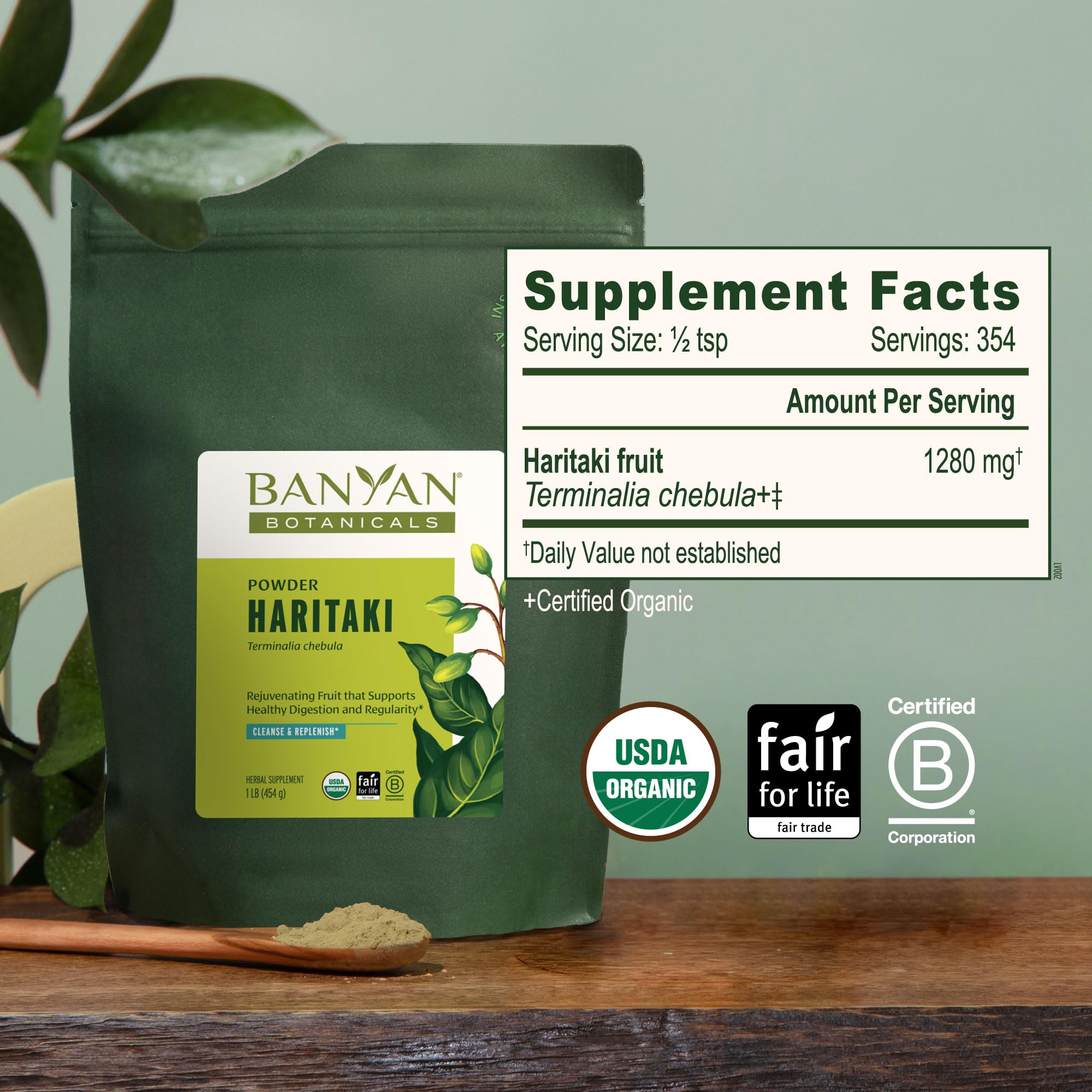 Banyan Botanicals Haritaki etiqueta con certificaciones USDA y Fair Trade, garantía de calidad
