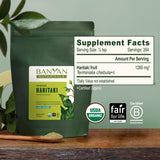Banyan Botanicals Haritaki etiqueta con certificaciones USDA y Fair Trade, garantía de calidad