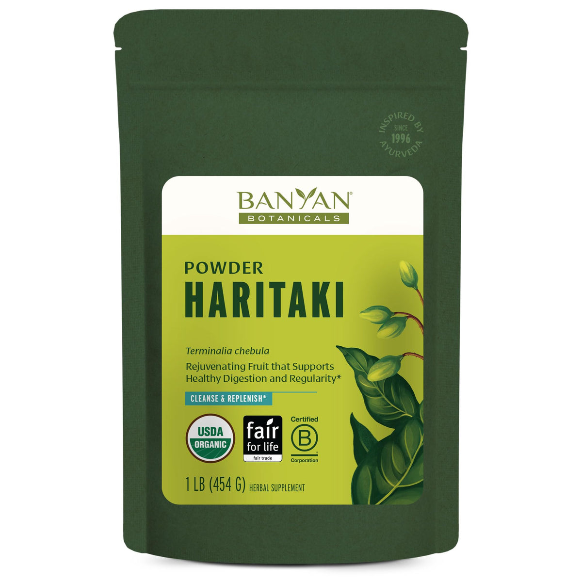 Banyan Botanicals Haritaki paquete frontal mostrando el sello orgánico, confianza y pureza