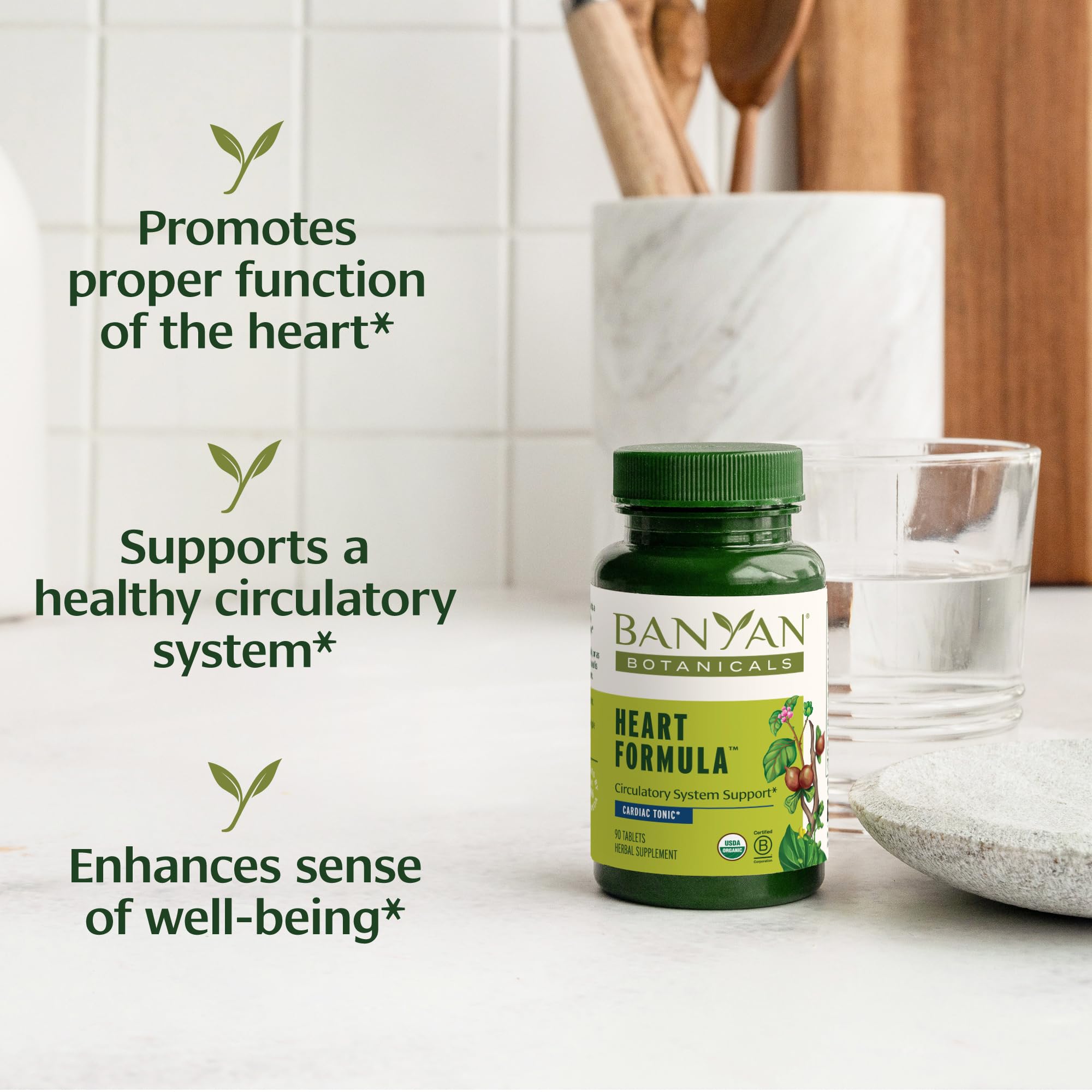 Banyan Botanicals detalle de tabletas Heart Formula textura uniforme para dosificación fácil