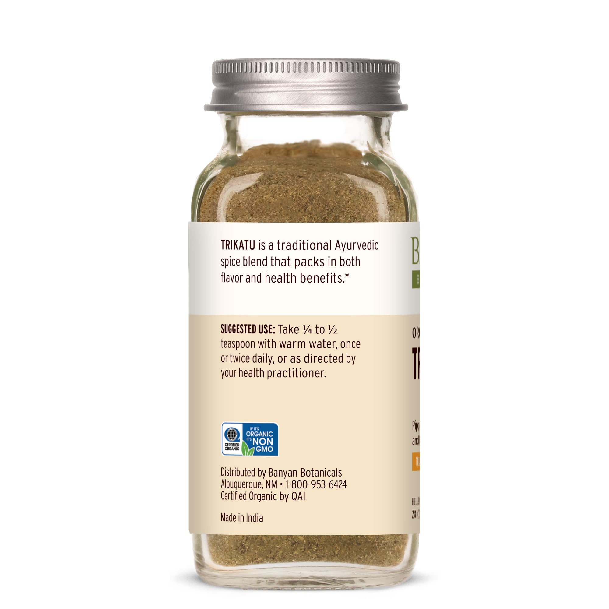 Etiqueta de Banyan Botanicals con certificaciones orgánicas y pruebas de terceros