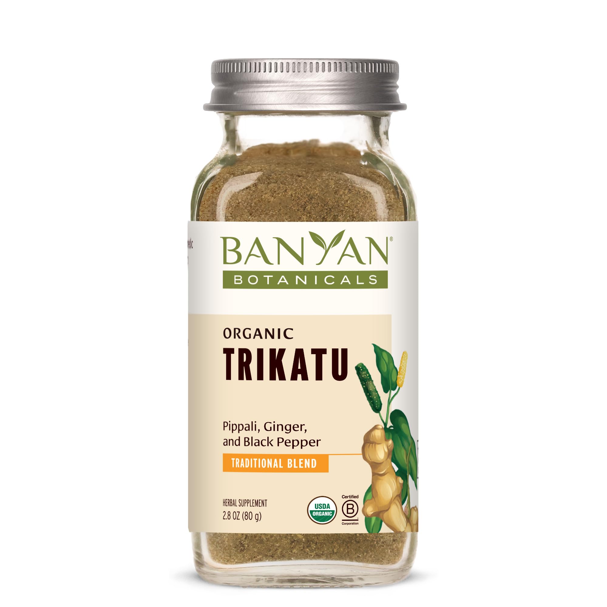 Banyan Botanicals Trikatu frente del empaque mostrando tamaño y sello orgánico