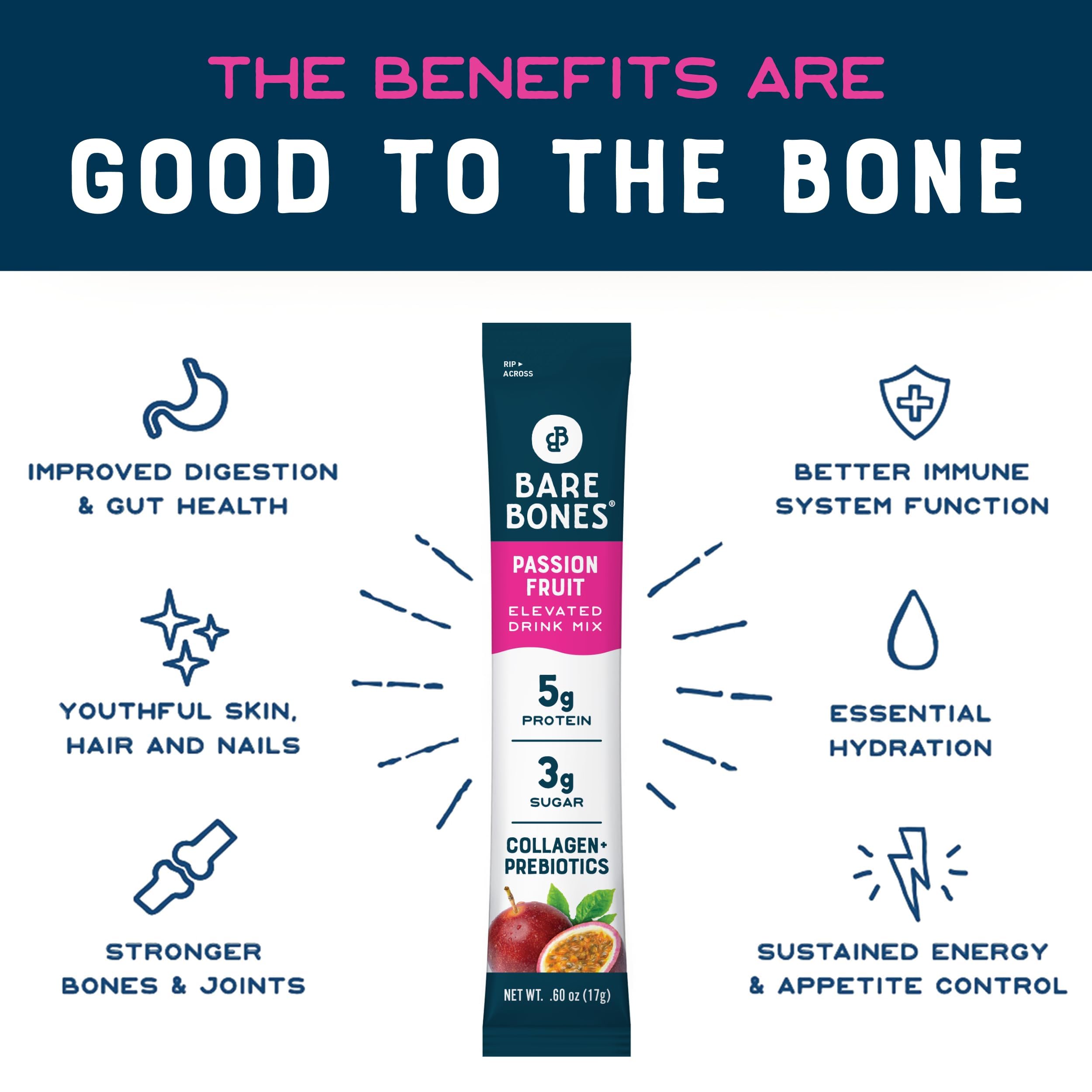 Bare Bones etiqueta e ingredientes destacando jugo real y colágeno hidrolizado
