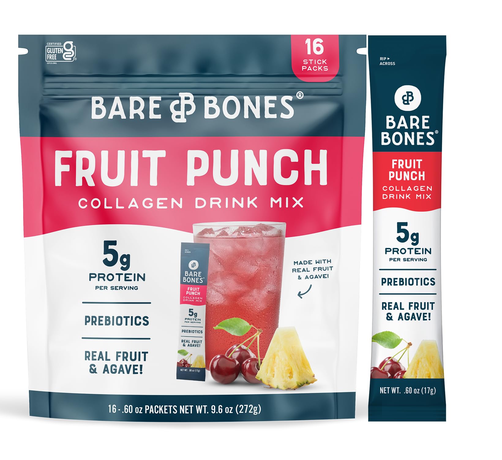 Bare Bones frente del empaque mostrando los sobres y el sabor Fruit Punch