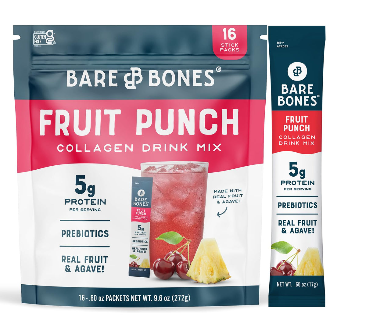 Bare Bones frente del empaque mostrando los sobres y el sabor Fruit Punch