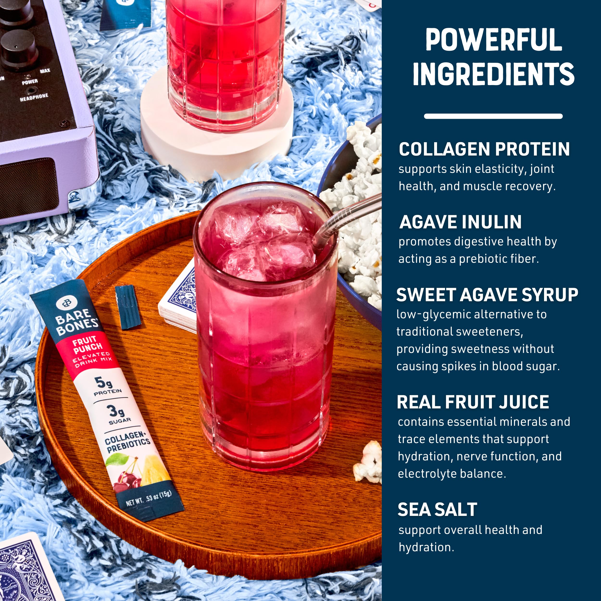 Bare Bones ingredientes con frutas y agave que resaltan sabor natural