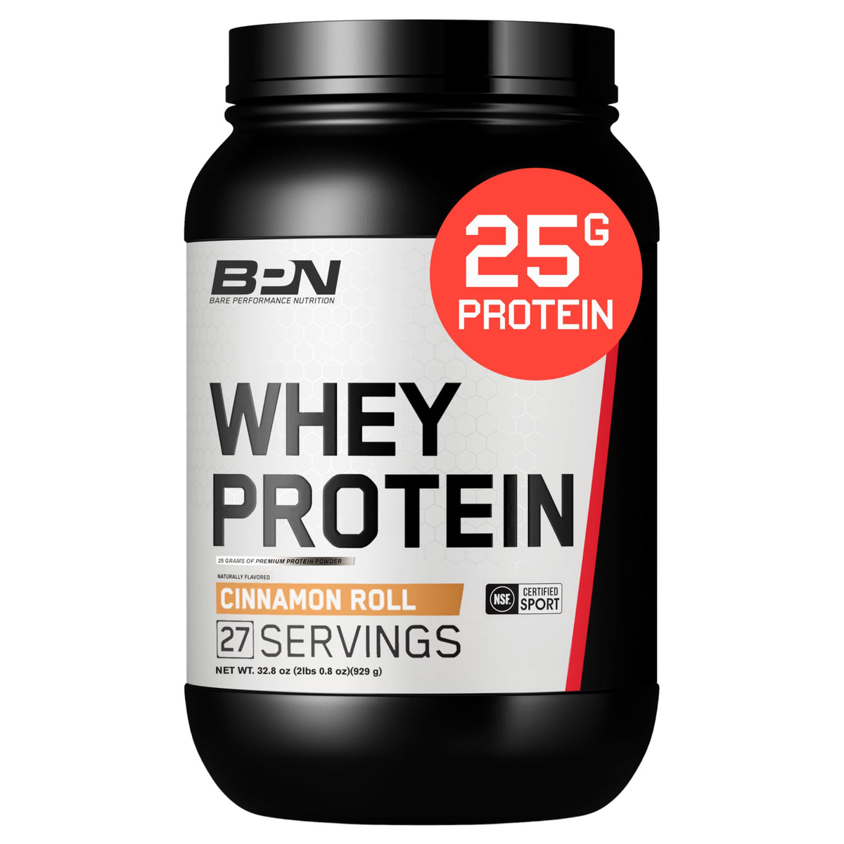 BARE PERFORMANCE NUTRITION envase frontal mostrando sabor Cinnamon Roll y porciones