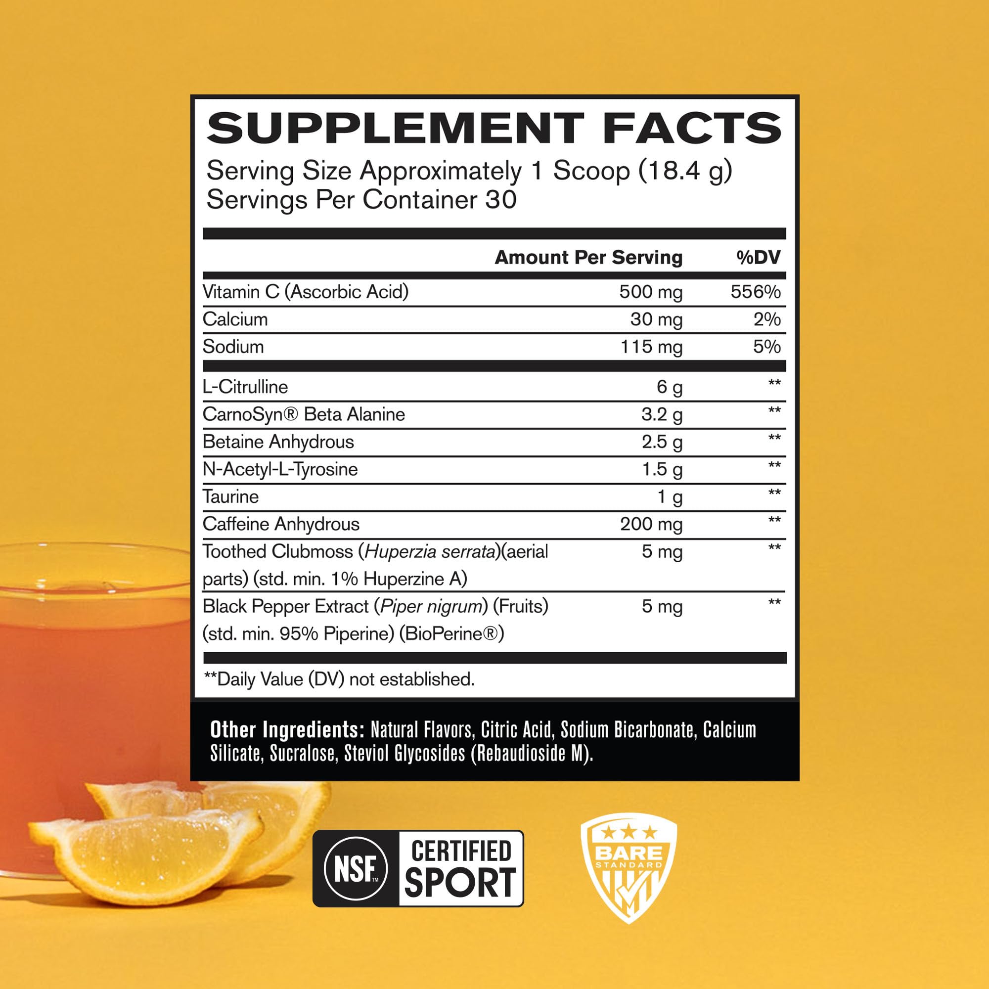 BARE PERFORMANCE NUTRITION etiqueta con ingredientes y certificación Informed Sport