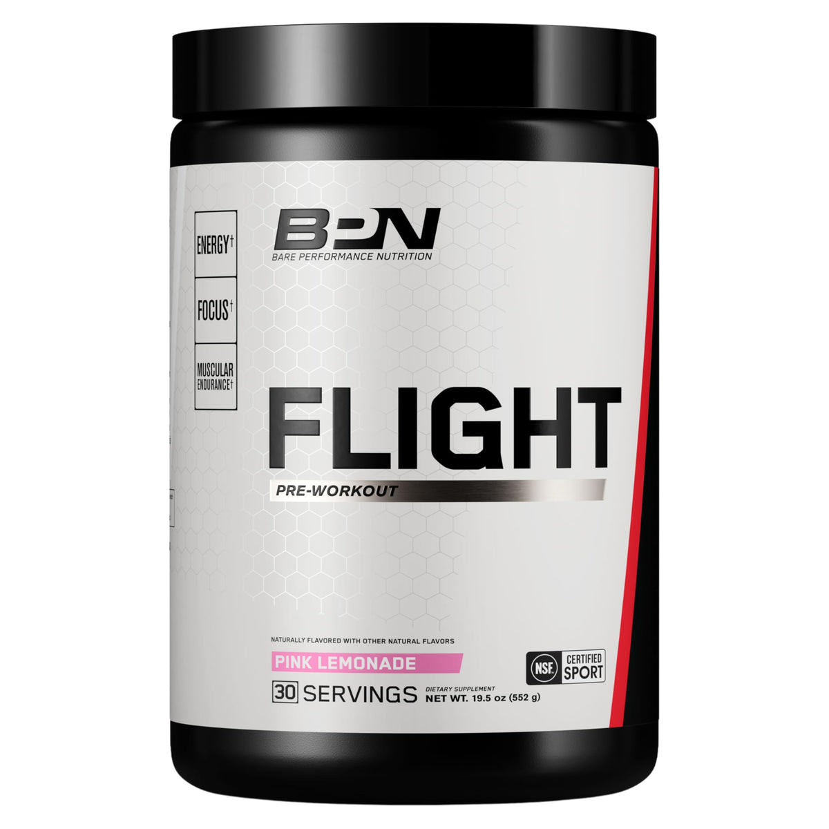 BARE PERFORMANCE NUTRITION envase frontal Flight mostrando 30 servicios y sabor