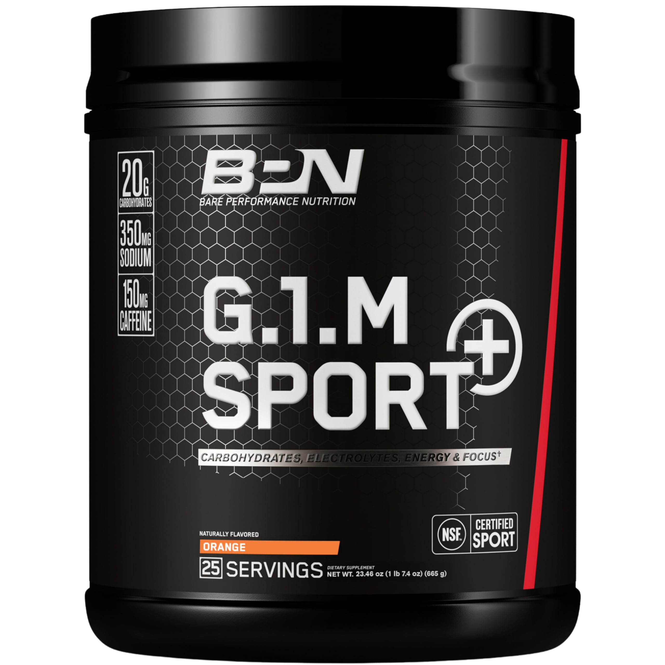 BARE PERFORMANCE NUTRITION envase frontal G.1.M Sport+ naranja mostrando información clave