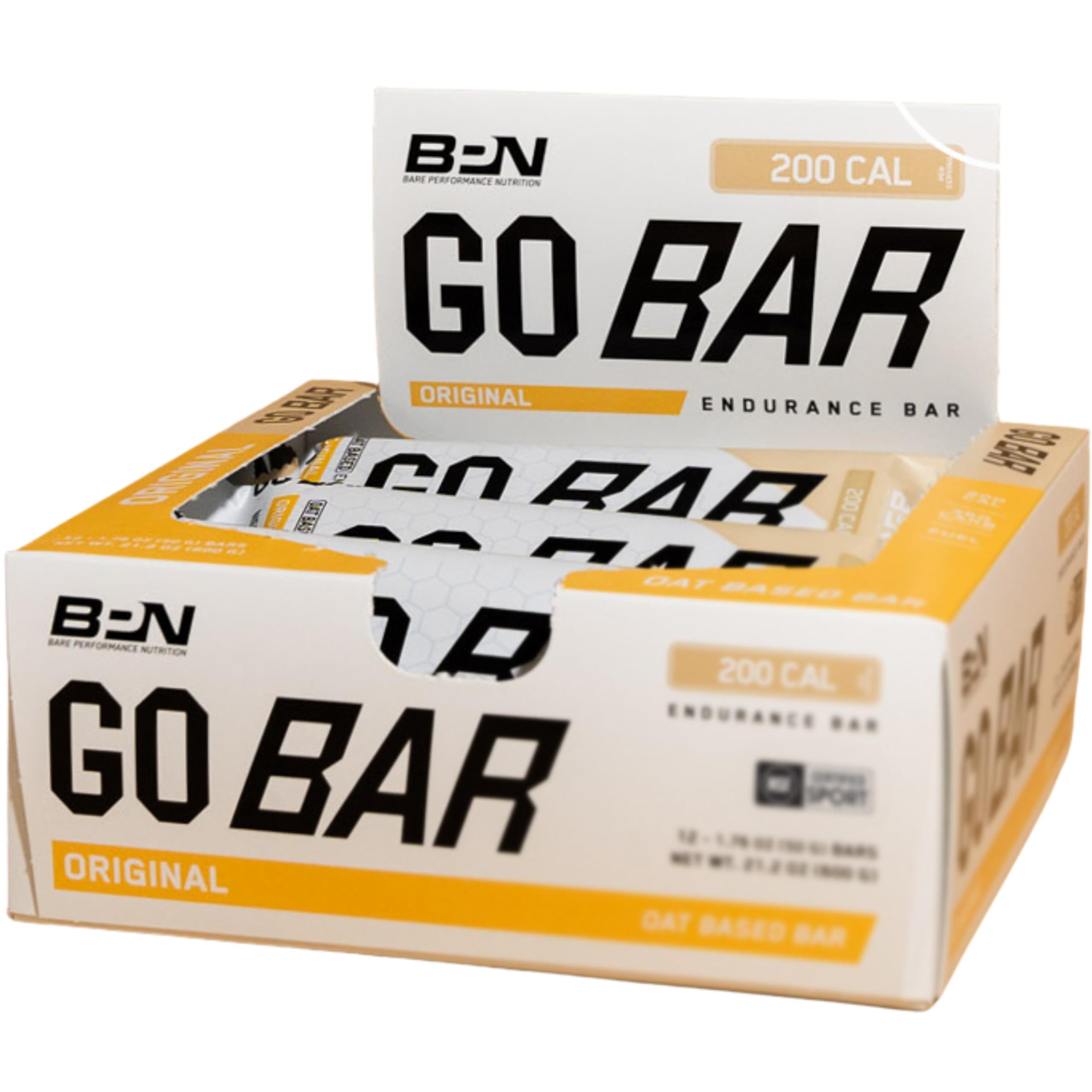 BARE PERFORMANCE NUTRITION Go Bar frontal del paquete mostrando porción y marca, fácil transporte