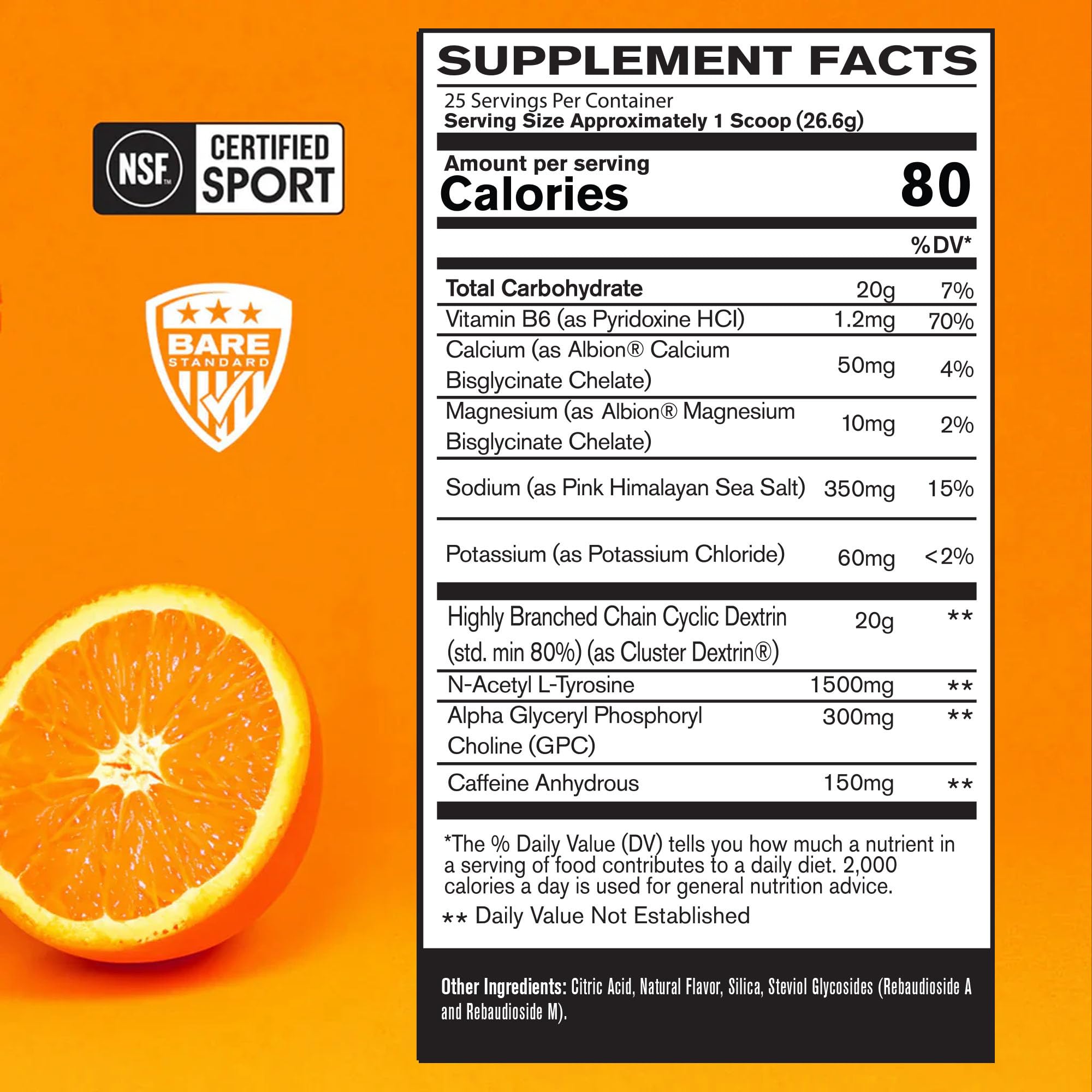 BARE PERFORMANCE NUTRITION polvo naranja con textura fina y disolución rápida como beneficio