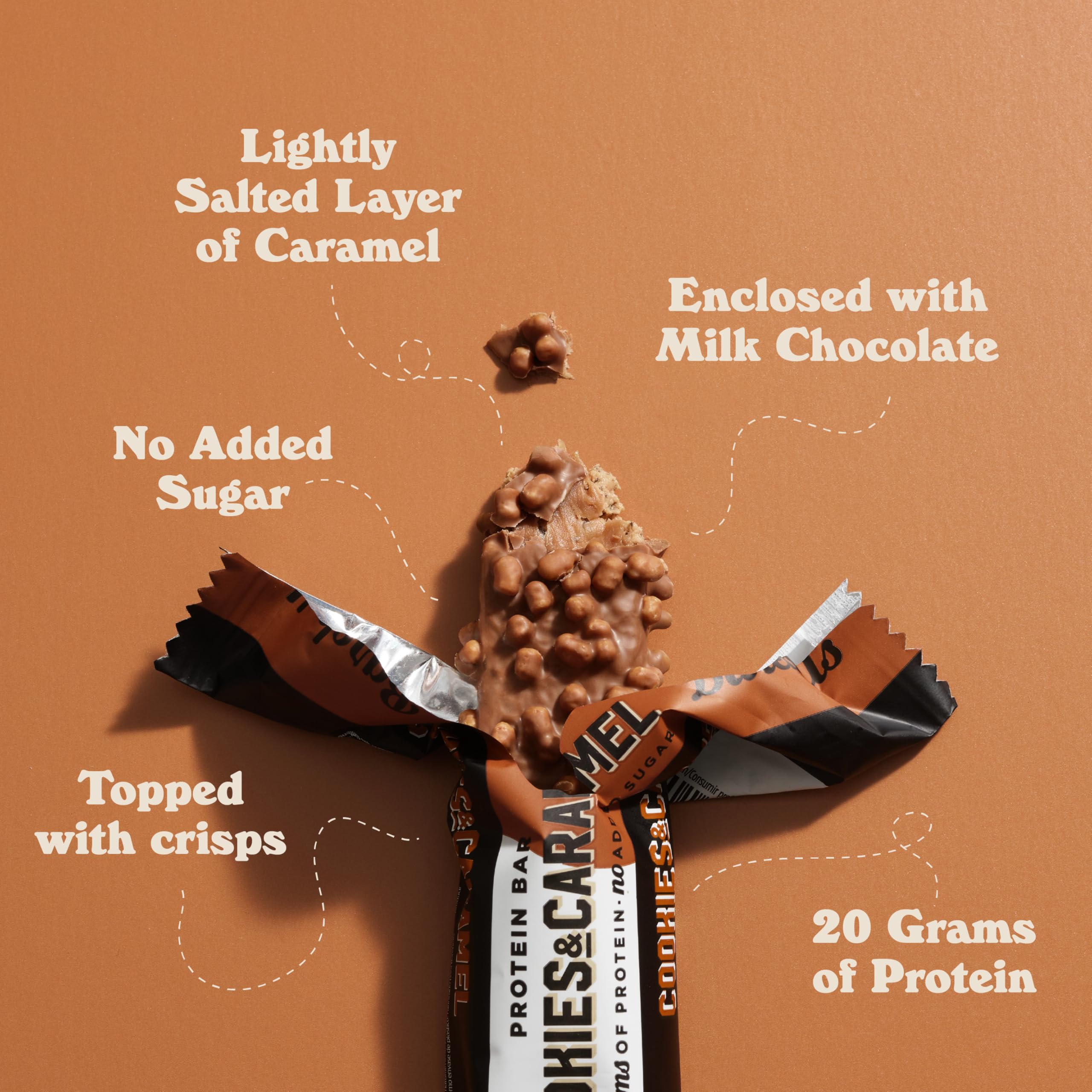barebells primer plano cobertura de chocolate y capa de caramelo