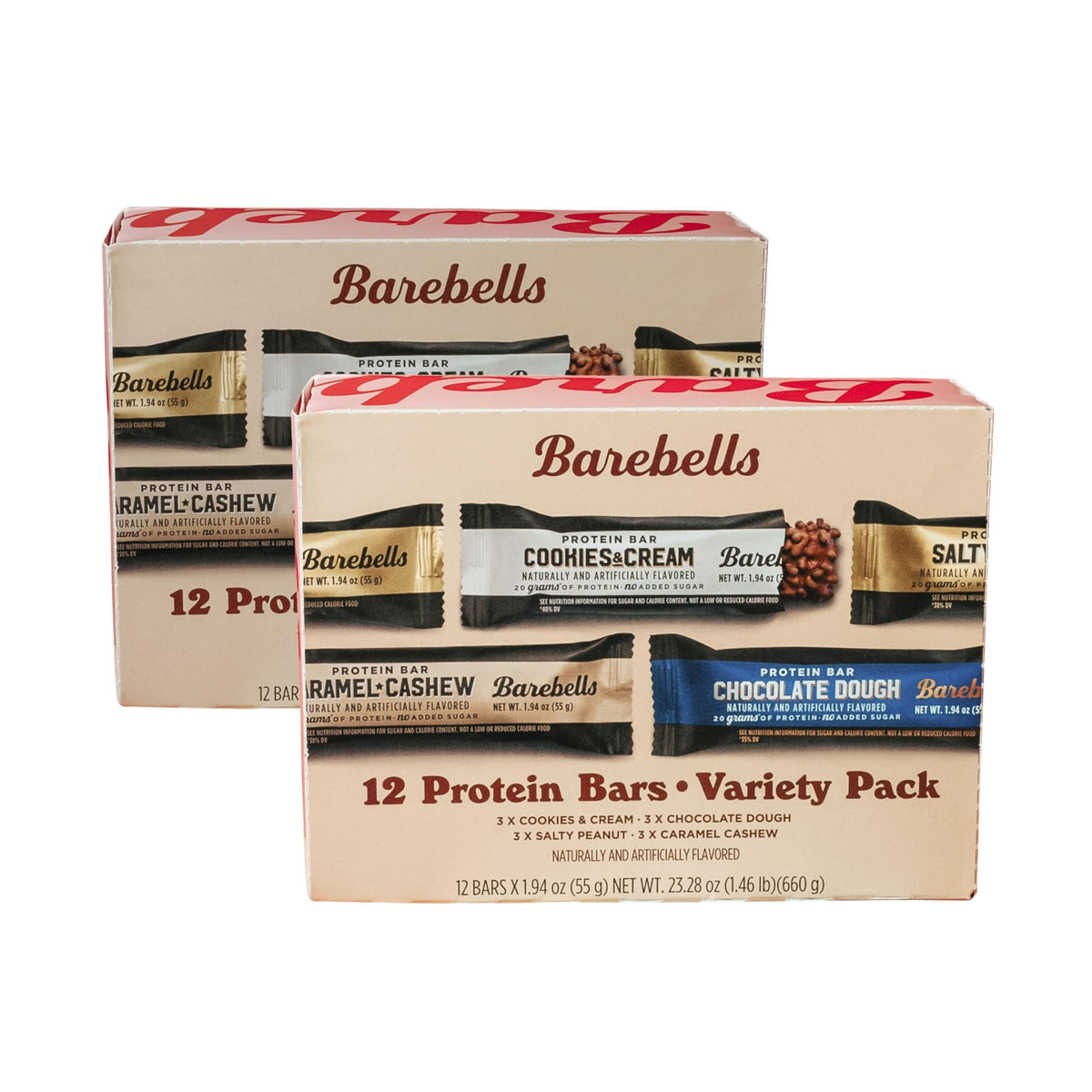 Barebells frente del paquete variedad 24 barras mostrando marcas y sabores