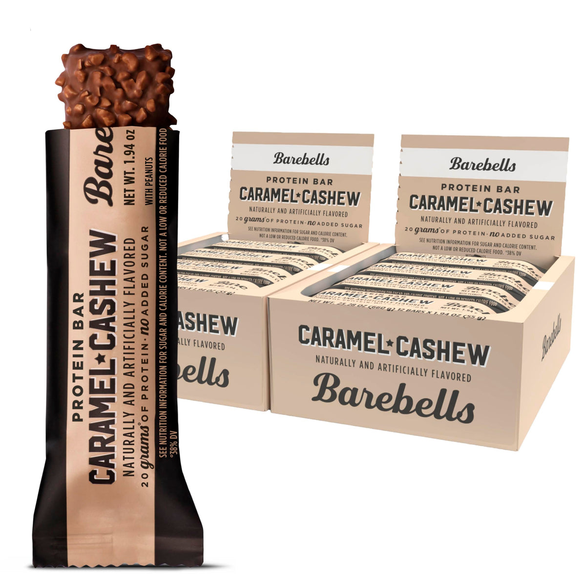 Barebells empaque frontal Caramel Cashew mostrando sabor y aporte proteico