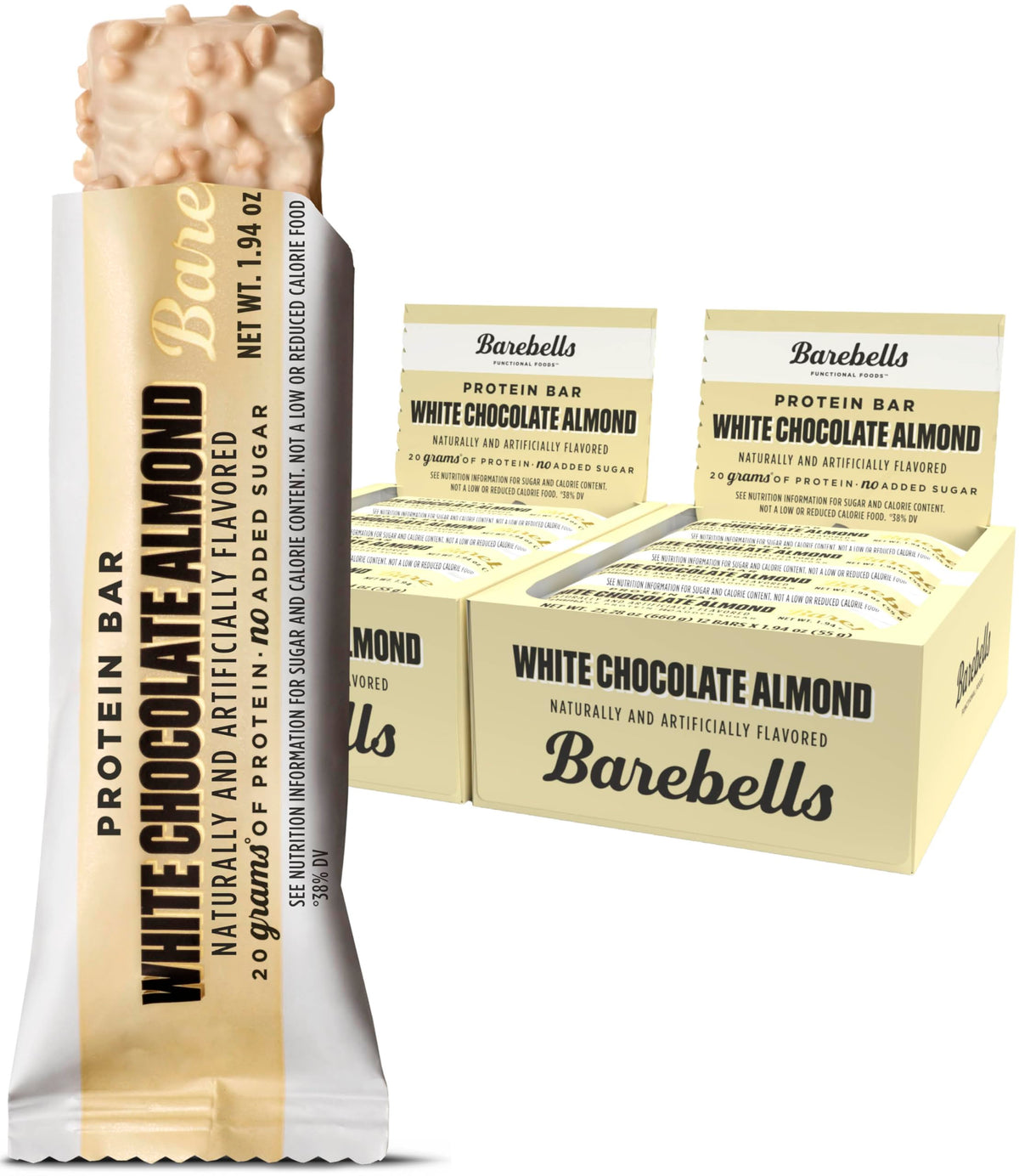 Barebells frontal del paquete mostrando sabor y cantidad, práctico para llevar