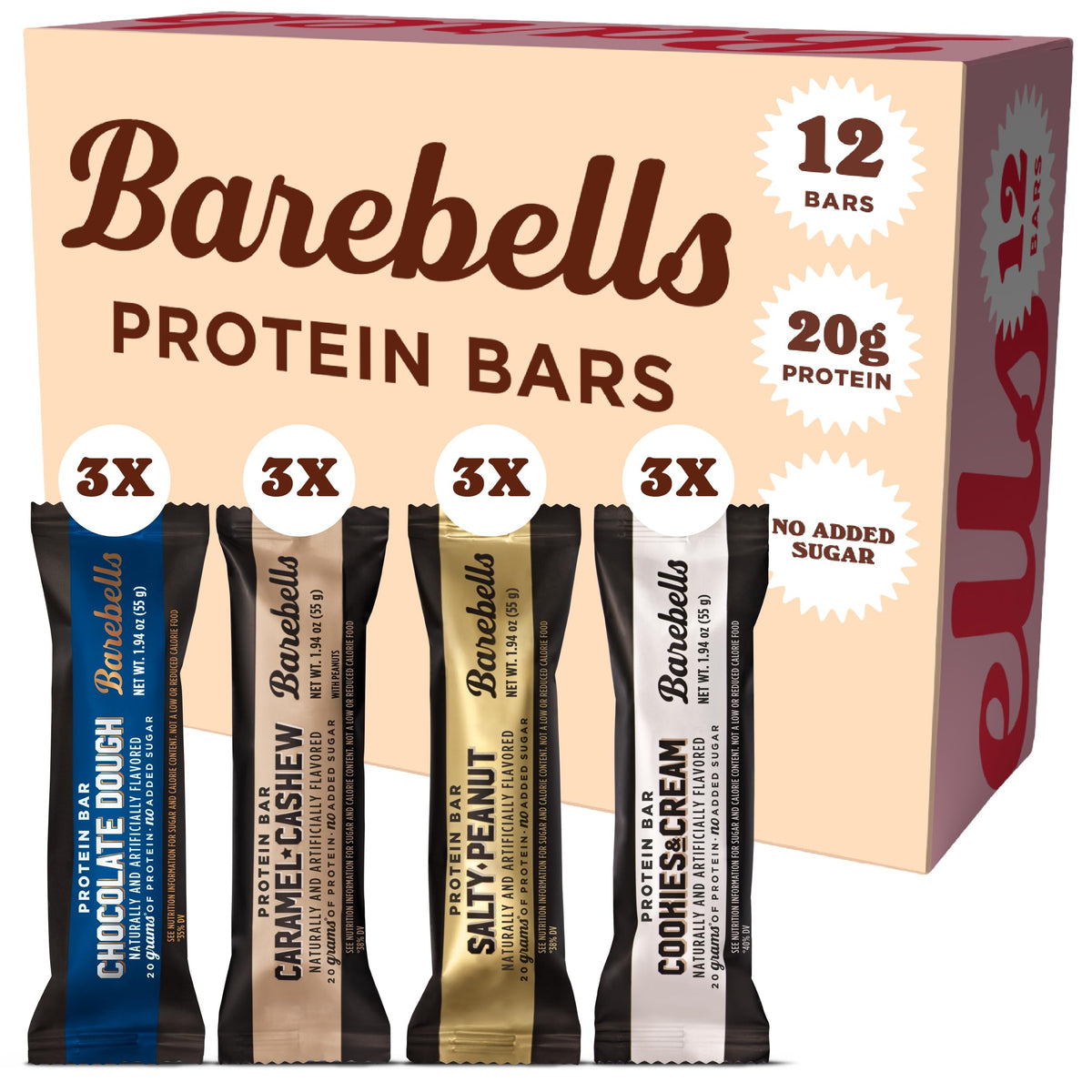 Barebells pack frontal mostrando los cuatro sabores y conveniencia
