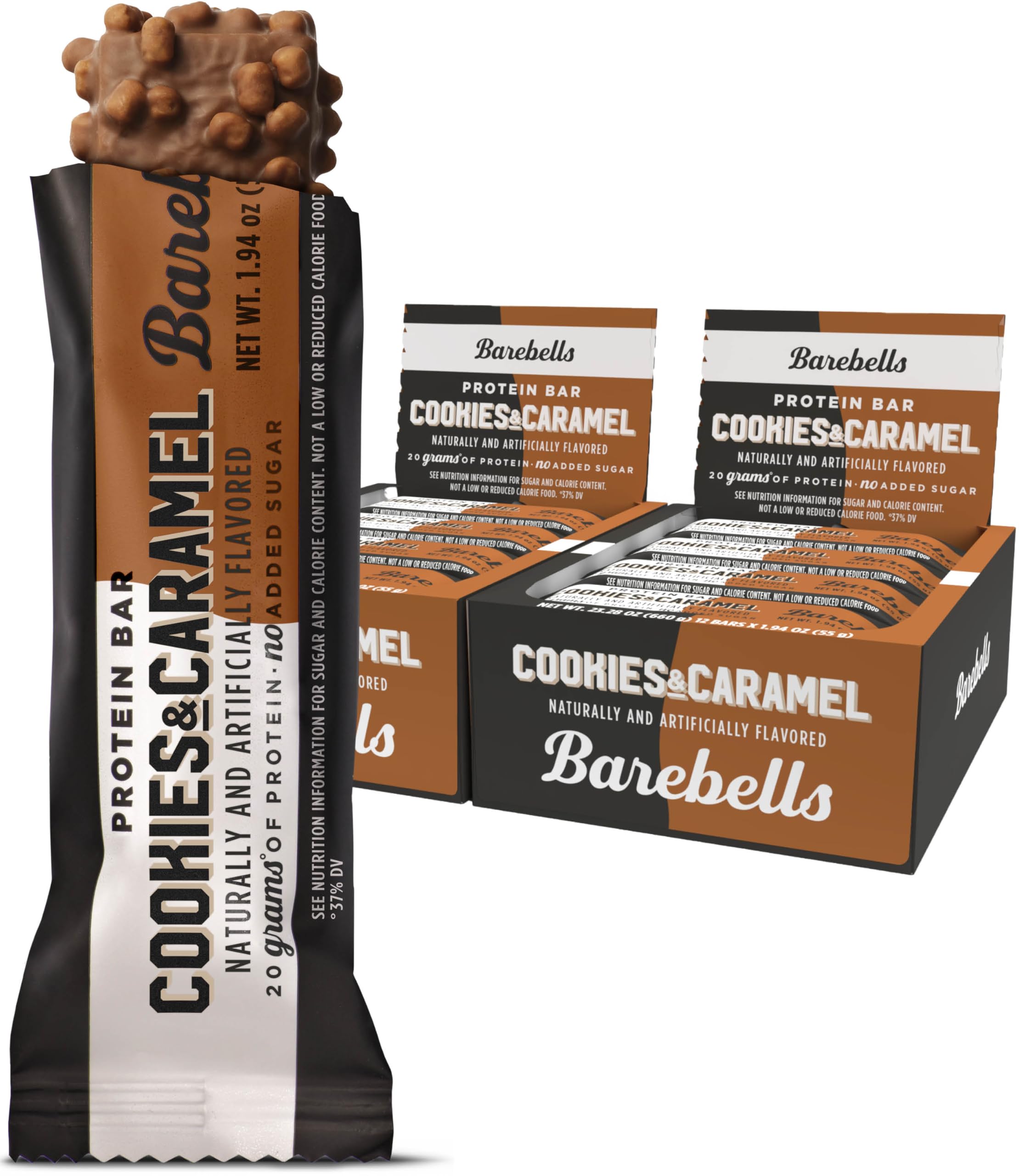 barebells paquete de 24 barras cookies and caramel mostrando envases