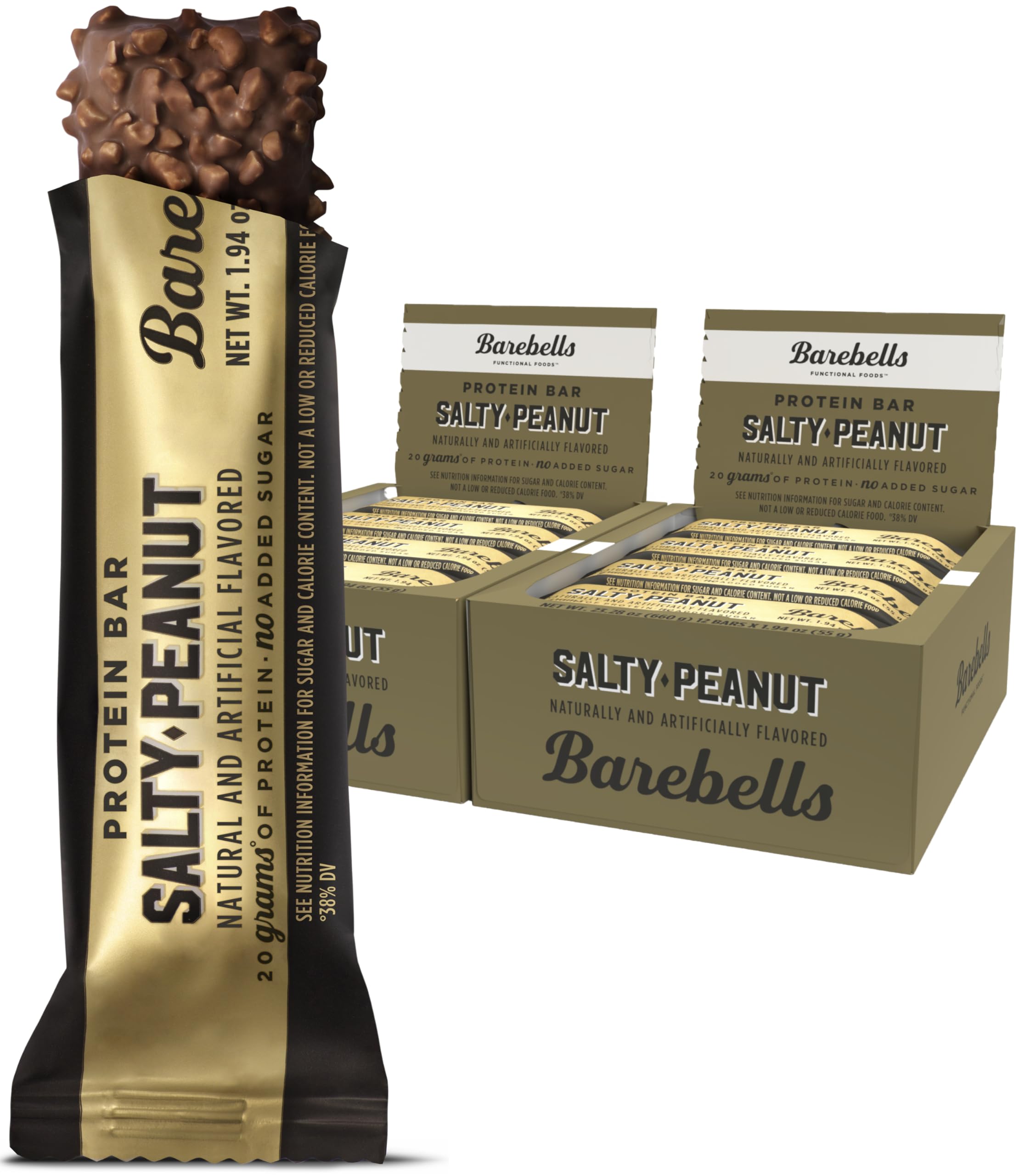 Barebells frontal del envase mostrando 20 g de proteína y bajo azúcar como beneficio