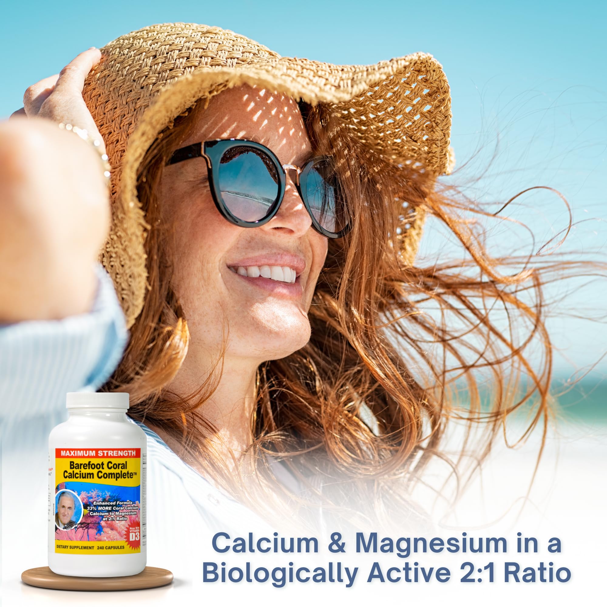 Barefoot Coral Calcium frasco en cocina mostrando integración en rutina diaria
