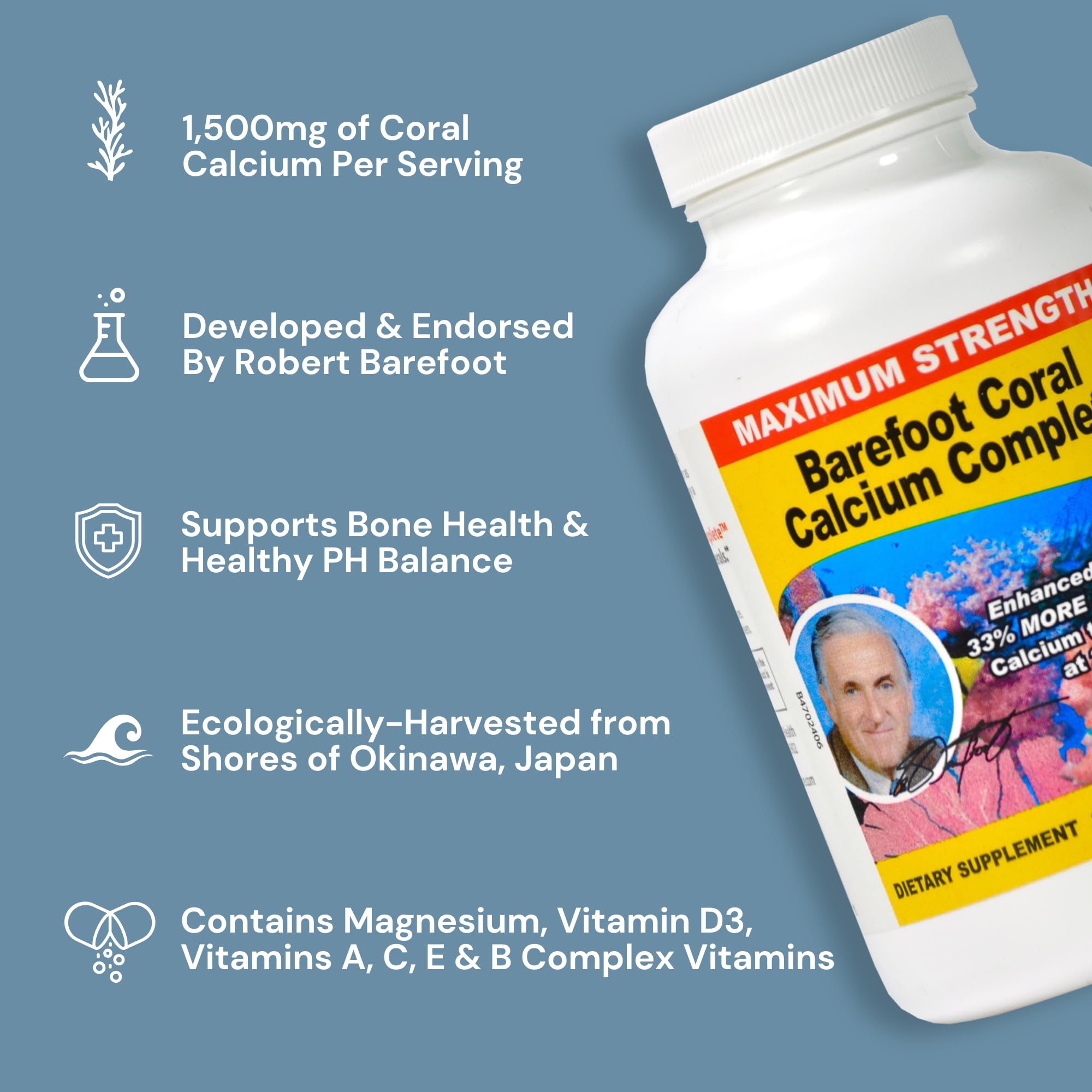 Barefoot Coral Calcium primer plano de polvo mineral que destaca 72 minerales
