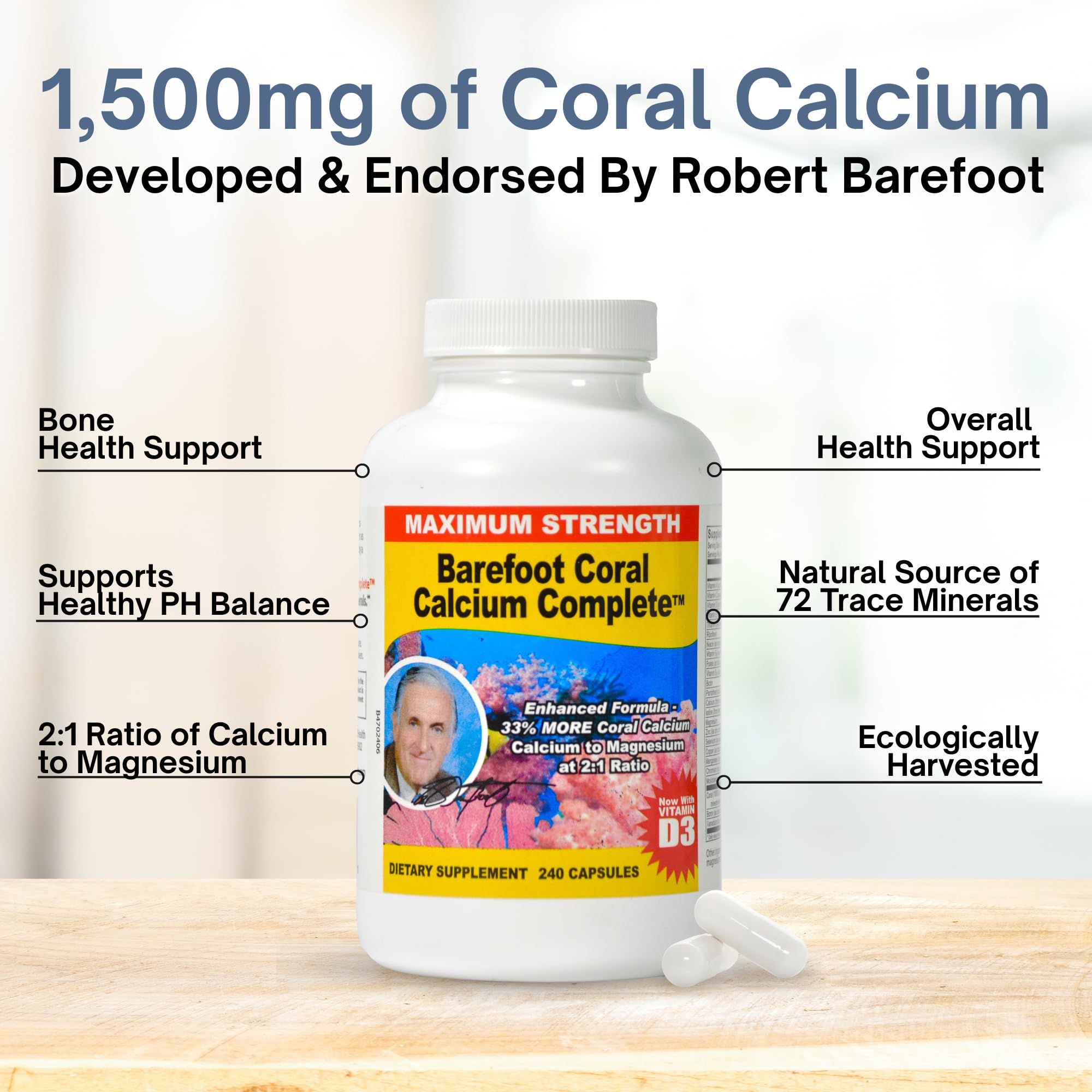 Barefoot Coral Calcium cápsulas en mano para comparar tamaño y dosificación