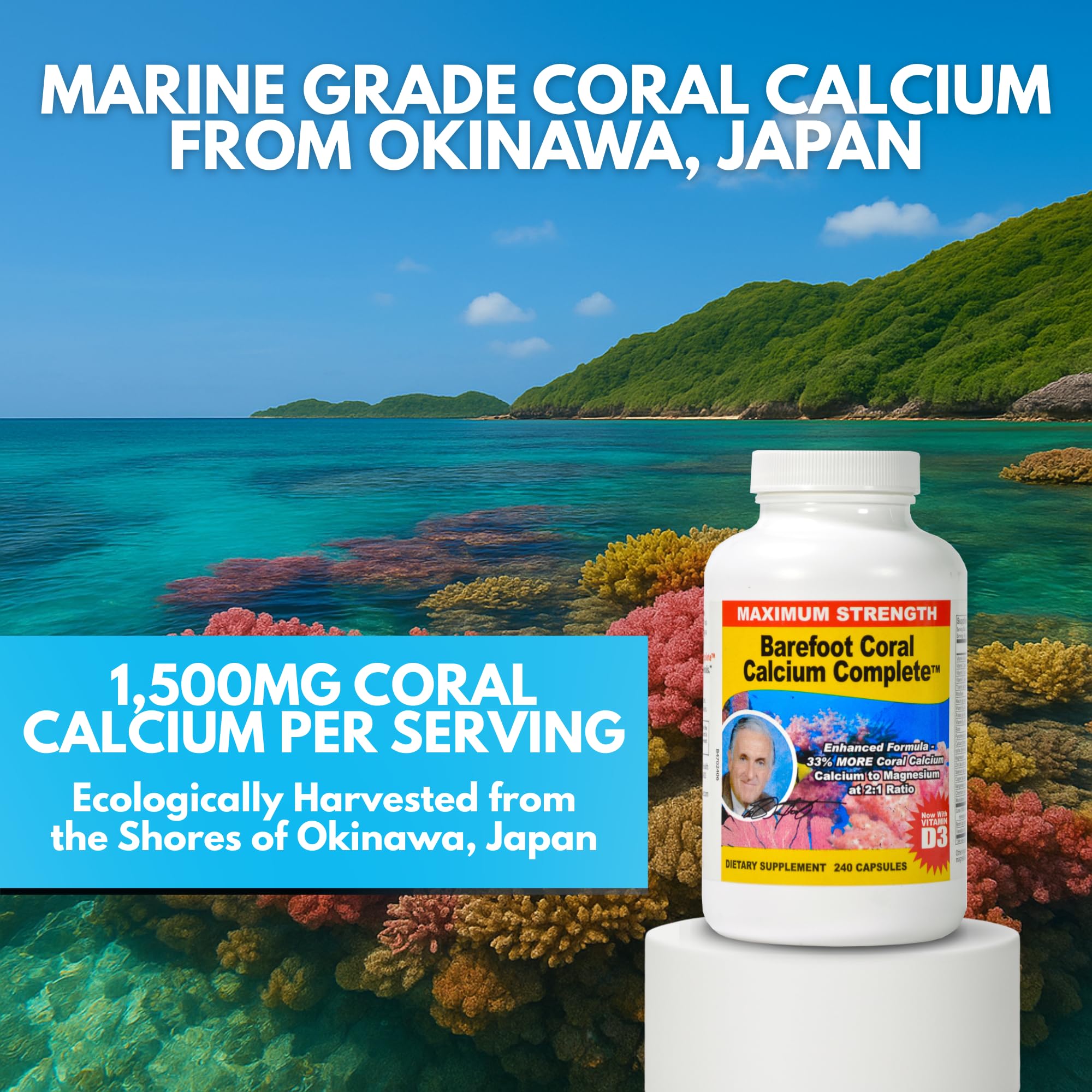 Barefoot Coral Calcium cápsula junto a vaso de agua para consumo diario