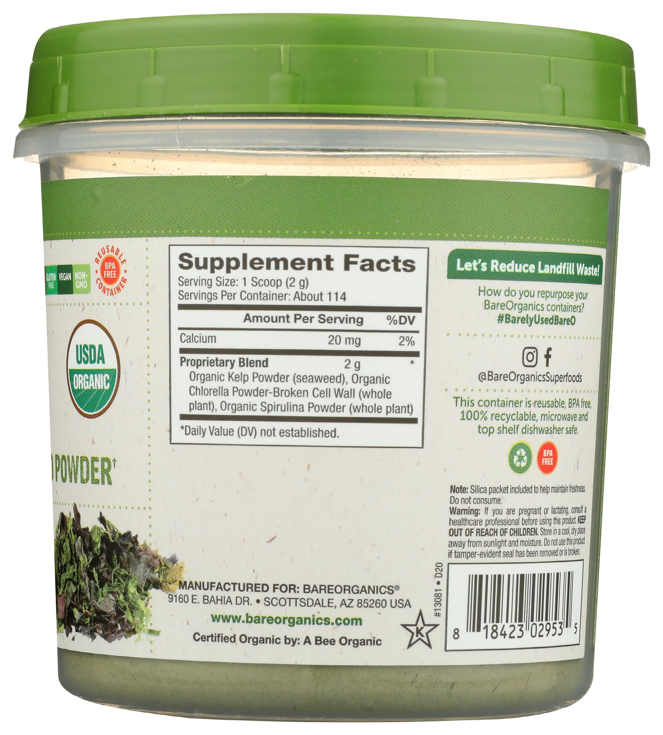 BareOrganics tarro de 8 oz junto a una mano para comparar tamaño