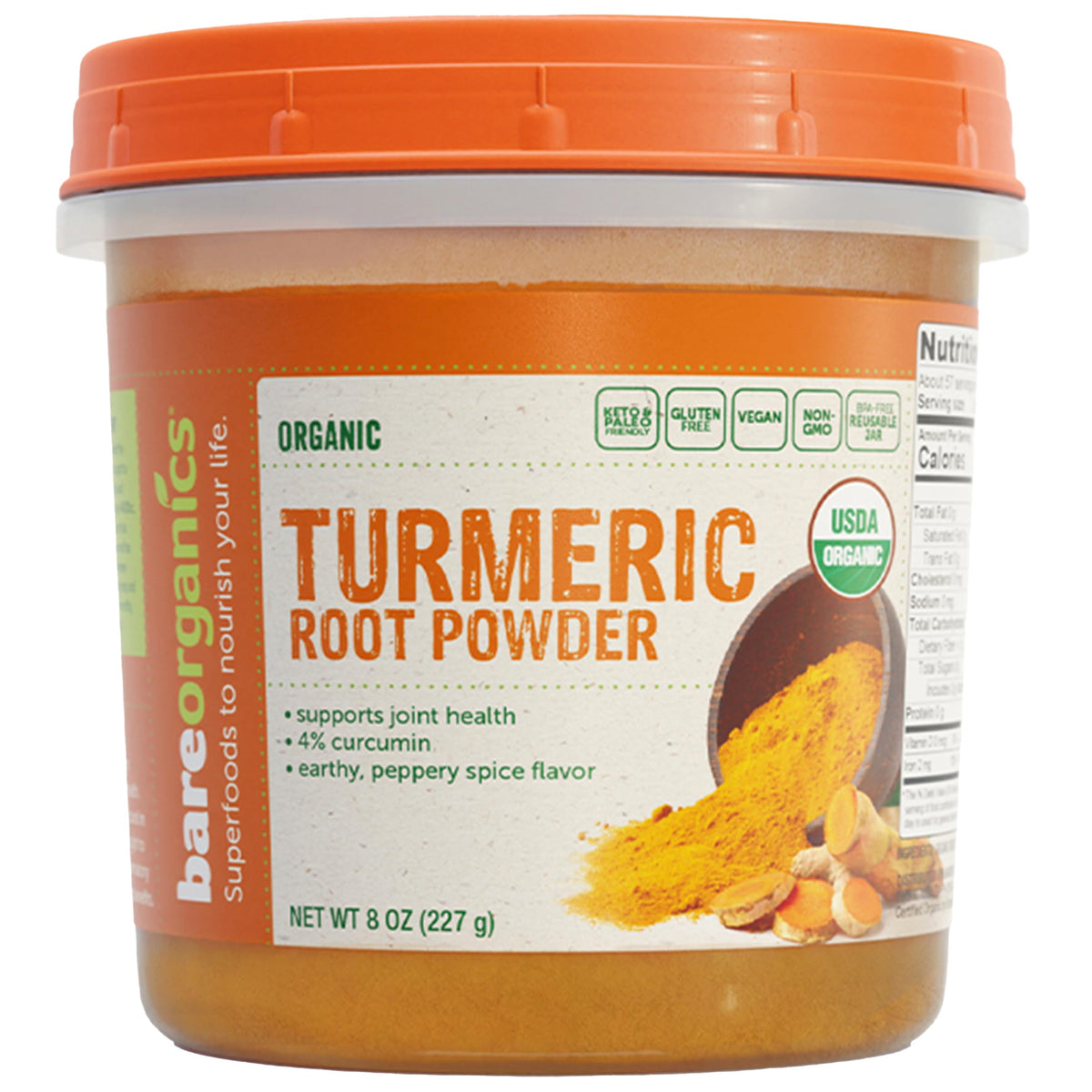 BareOrganics frasco frente con cúrcuma orgánica 8 oz, empaque reciclable y práctico