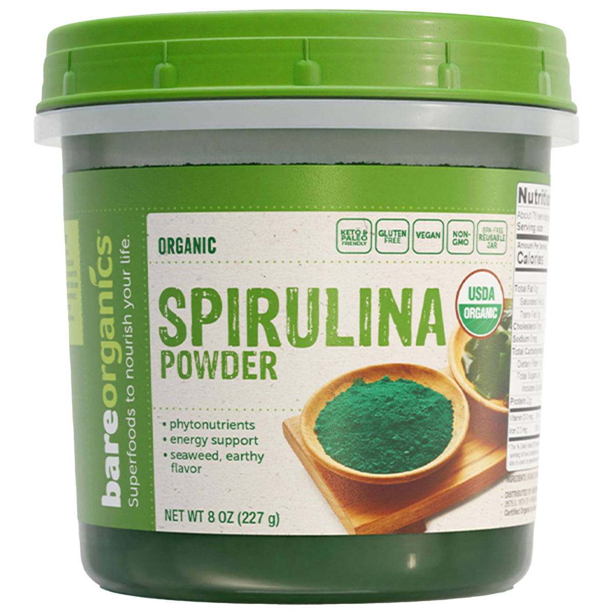 BareOrganics frasco frontal de espirulina orgánica, presentación reutilizable y sin BPA