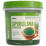 BareOrganics frasco frontal de espirulina orgánica, presentación reutilizable y sin BPA