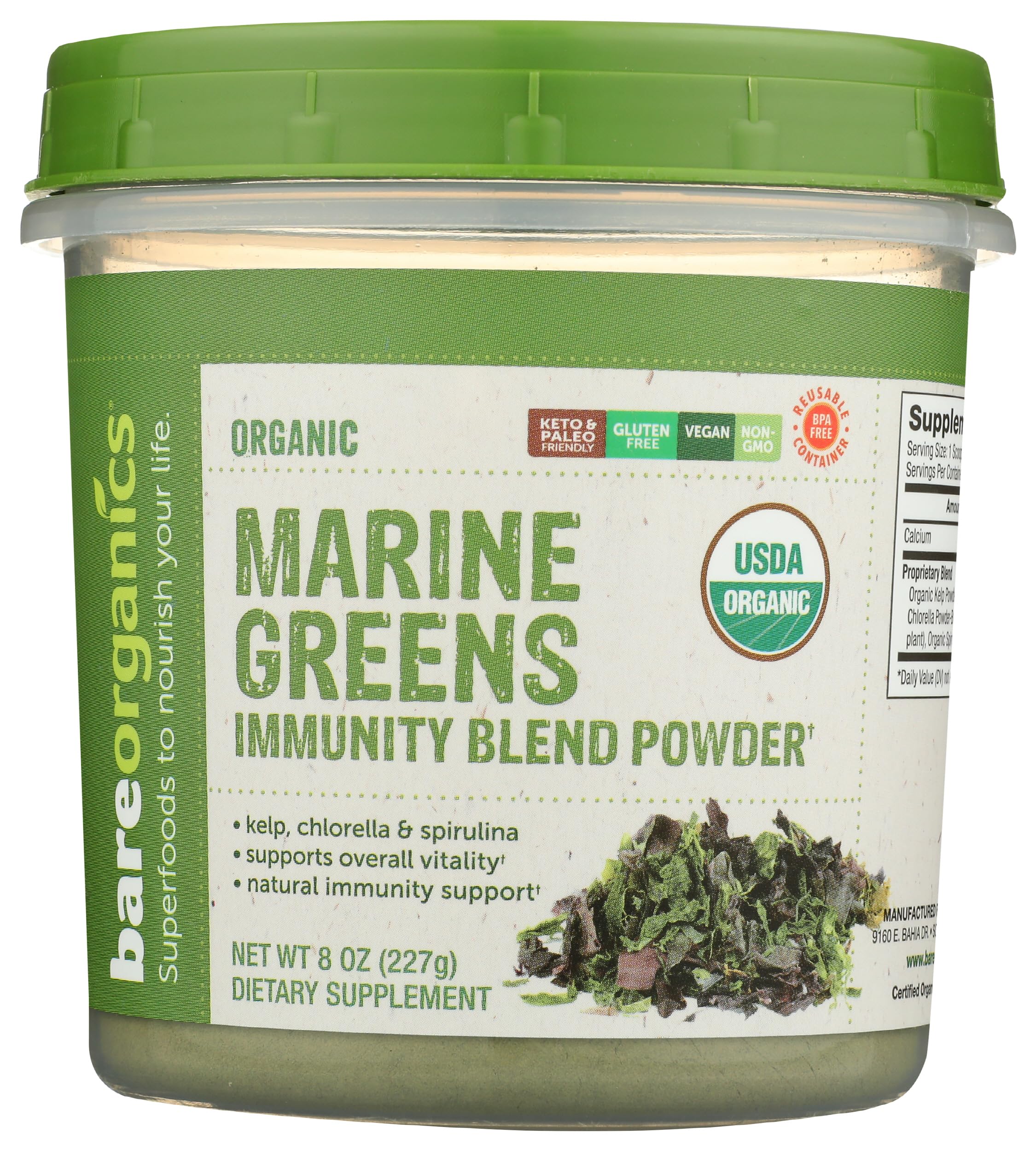 BareOrganics frente del envase mostrando diseño y tamaño útil