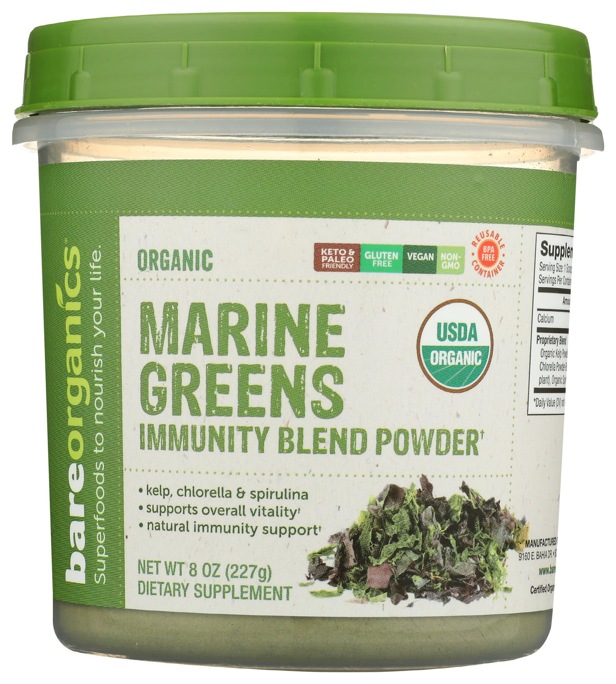 BareOrganics frente del envase mostrando diseño y tamaño útil