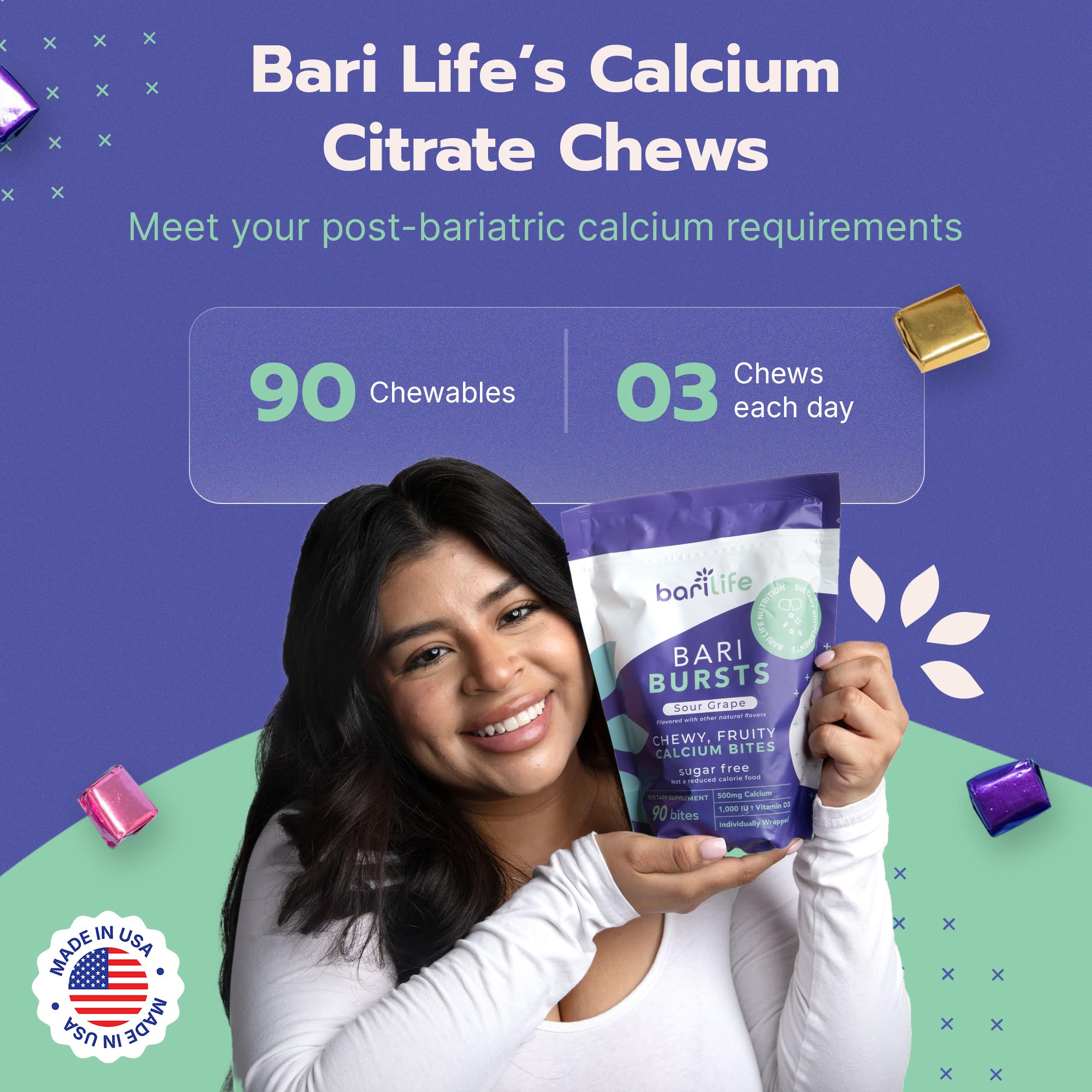 Bari Life BariBurst masticable en mano para mostrar tamaño y dosificación conveniente