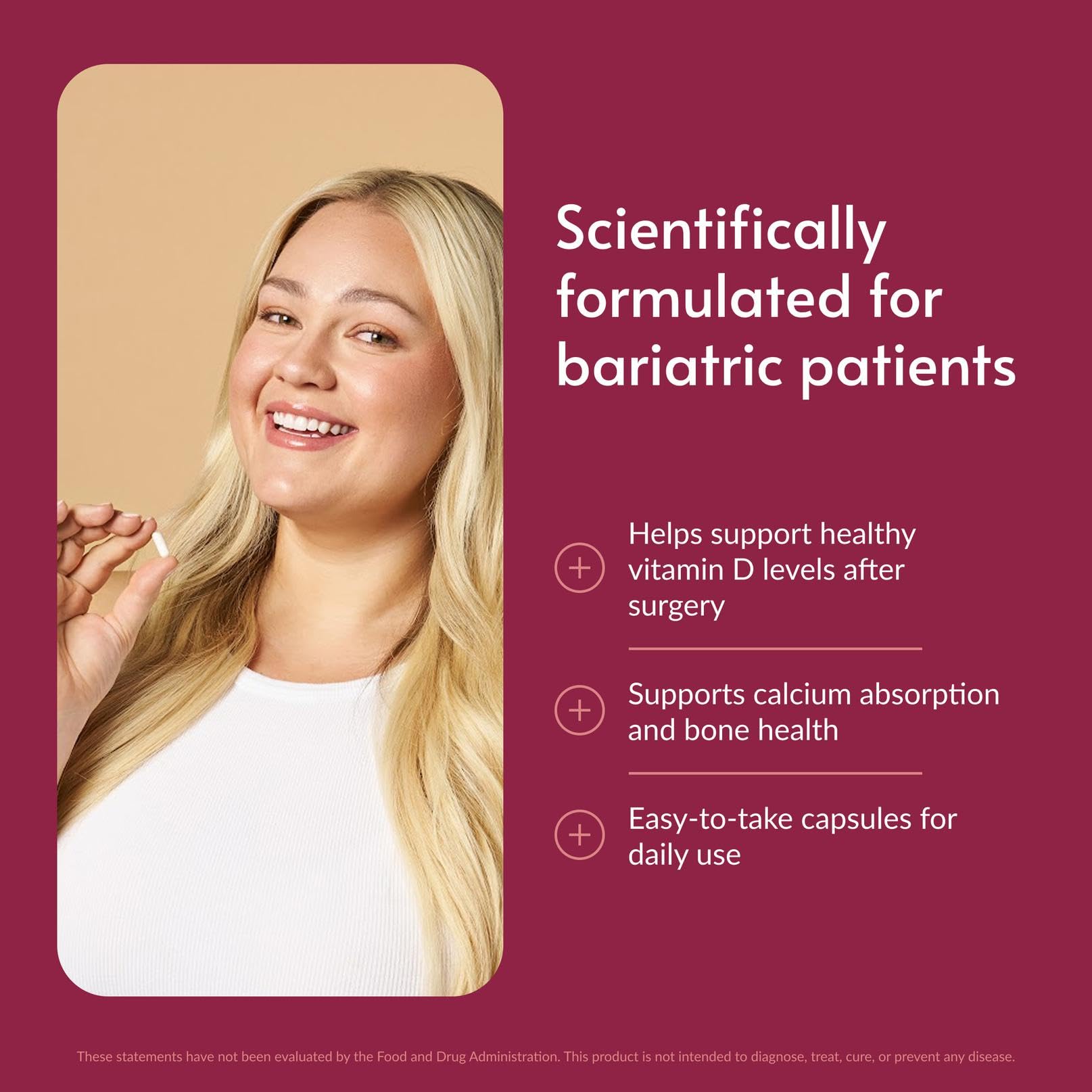 Bariatric Advantage cápsula en mano lista para ingerir, beneficio de fácil deglución