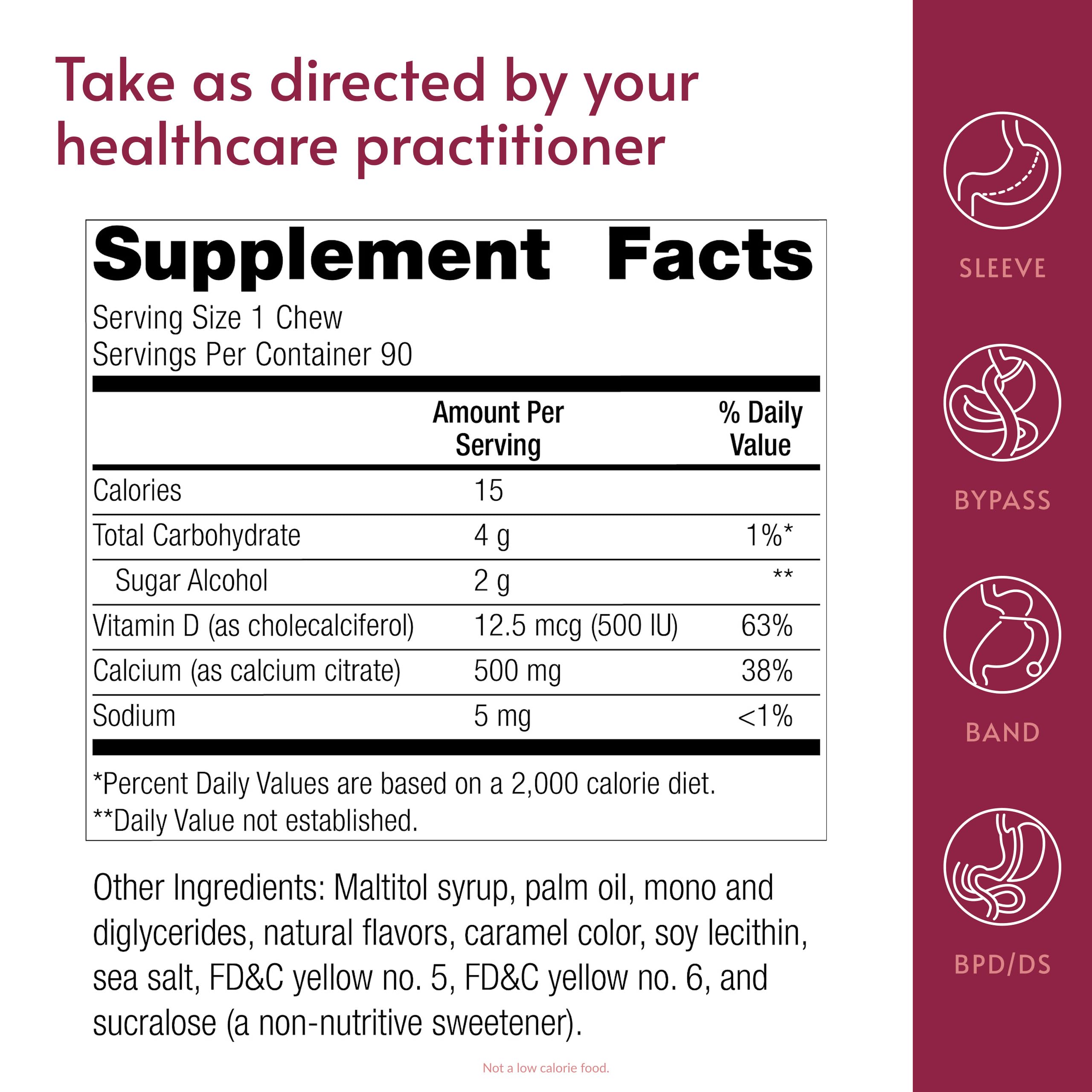 Bariatric Advantage rótulo que indica 500 mg de calcio y 500 UI vitamina D3