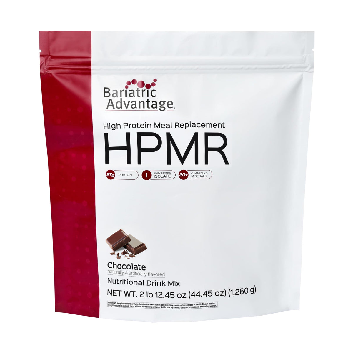 Bariatric Advantage envase frente mostrando 28 porciones y sabor chocolate, tranquilidad en la compra