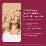 Bariatric Advantage masticables en mano ilustrando tamaño y fácil ingestión
