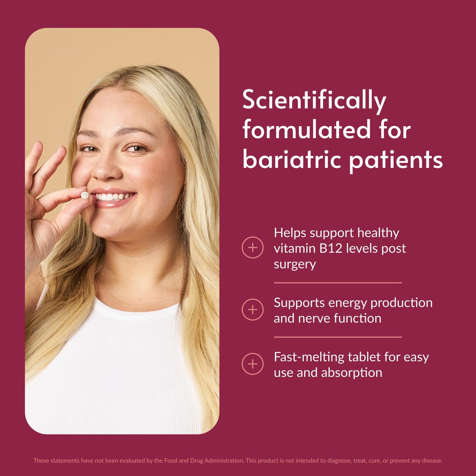 Bariatric Advantage pastilla cerca que enfatiza disolución rápida y facilidad de uso