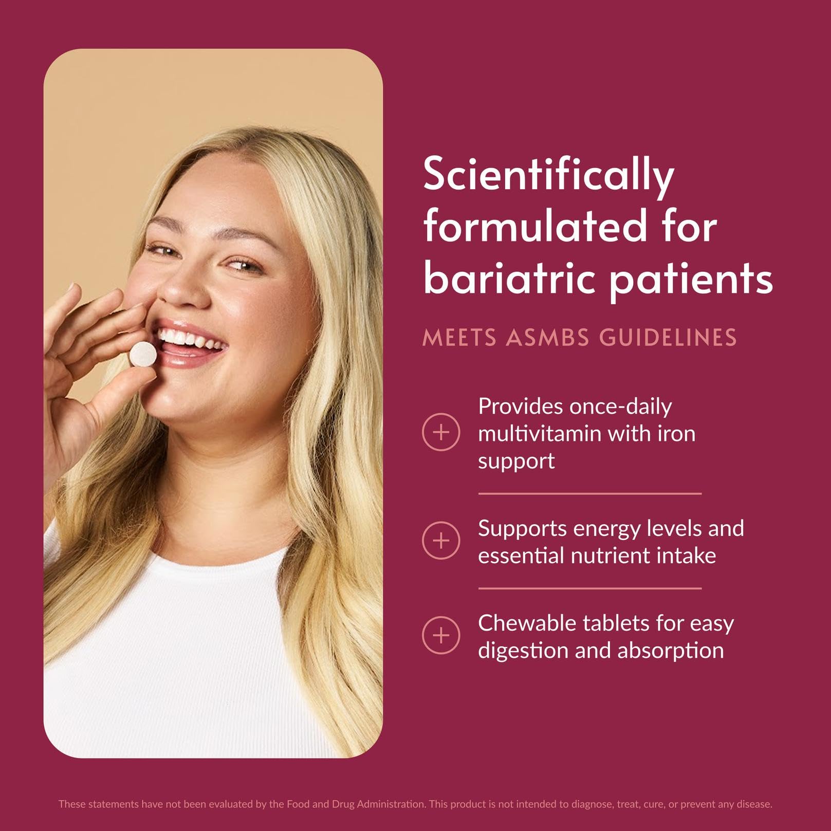 Bariatric Advantage tableta masticable en primer plano con textura visible y sabor cítrico